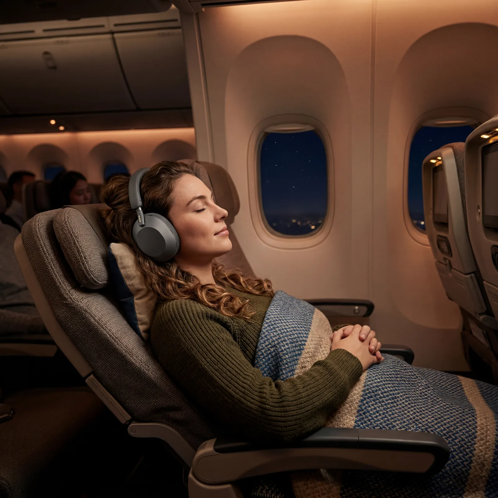 Traveler reclining in airplane seat with over-ear noise-cancelling headphones, calm expression, soft cabin lighting, photorealistic, warm editorial travel photography, no text, no watermark, 16:9