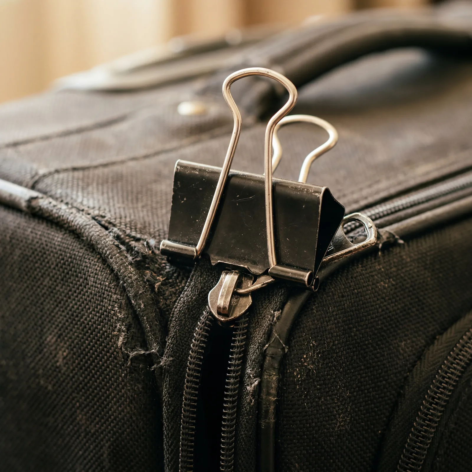 A large metal binder clip holding a broken luggage zipper tab together, close-up, warm lighting, photorealistic, no text, no watermark, 16:9