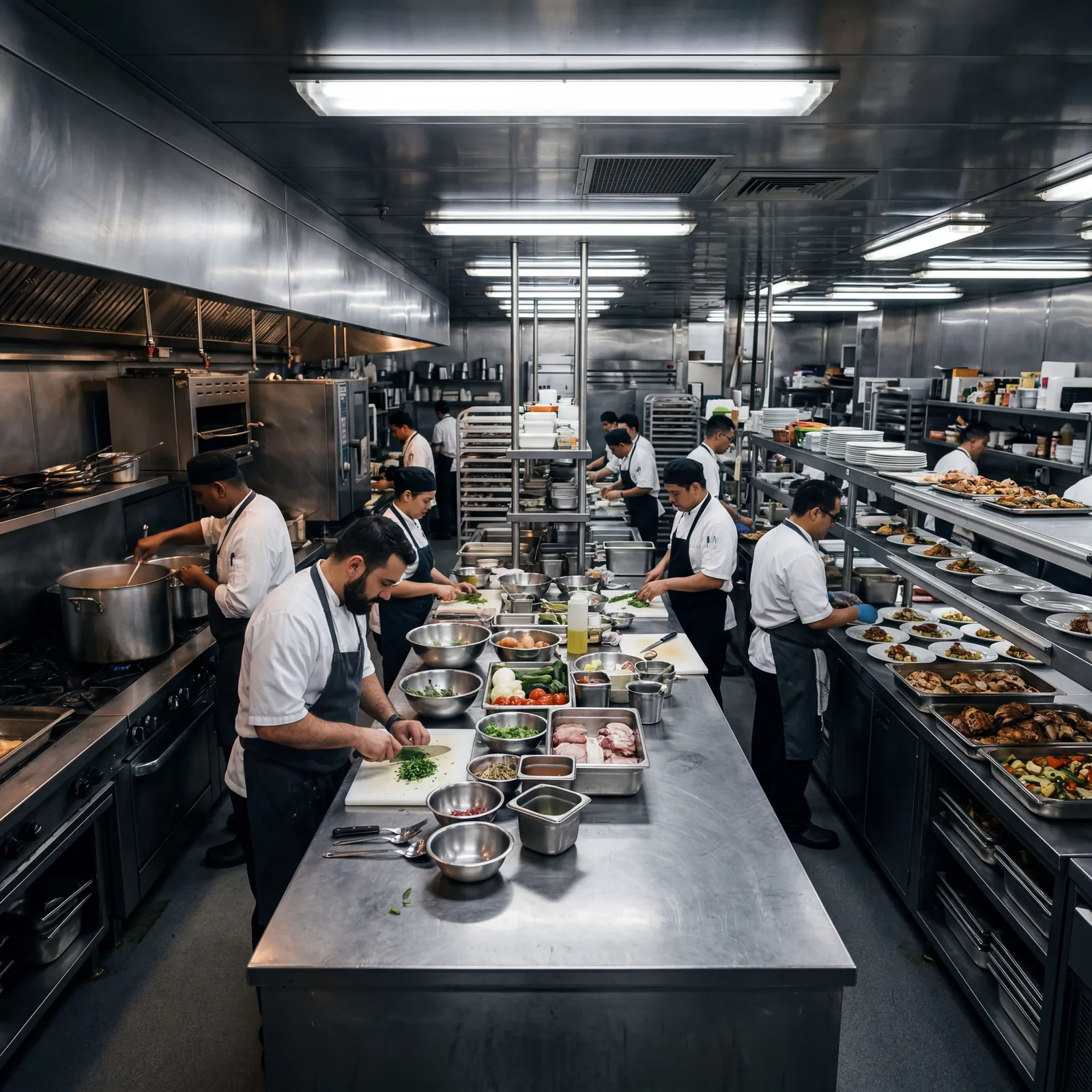 Behind-the-scenes cruise ship galley kitchen, massive stainless steel prep stations, professional chefs working at scale, bright commercial kitchen lighting, photorealistic, no text, no watermark, 16:9