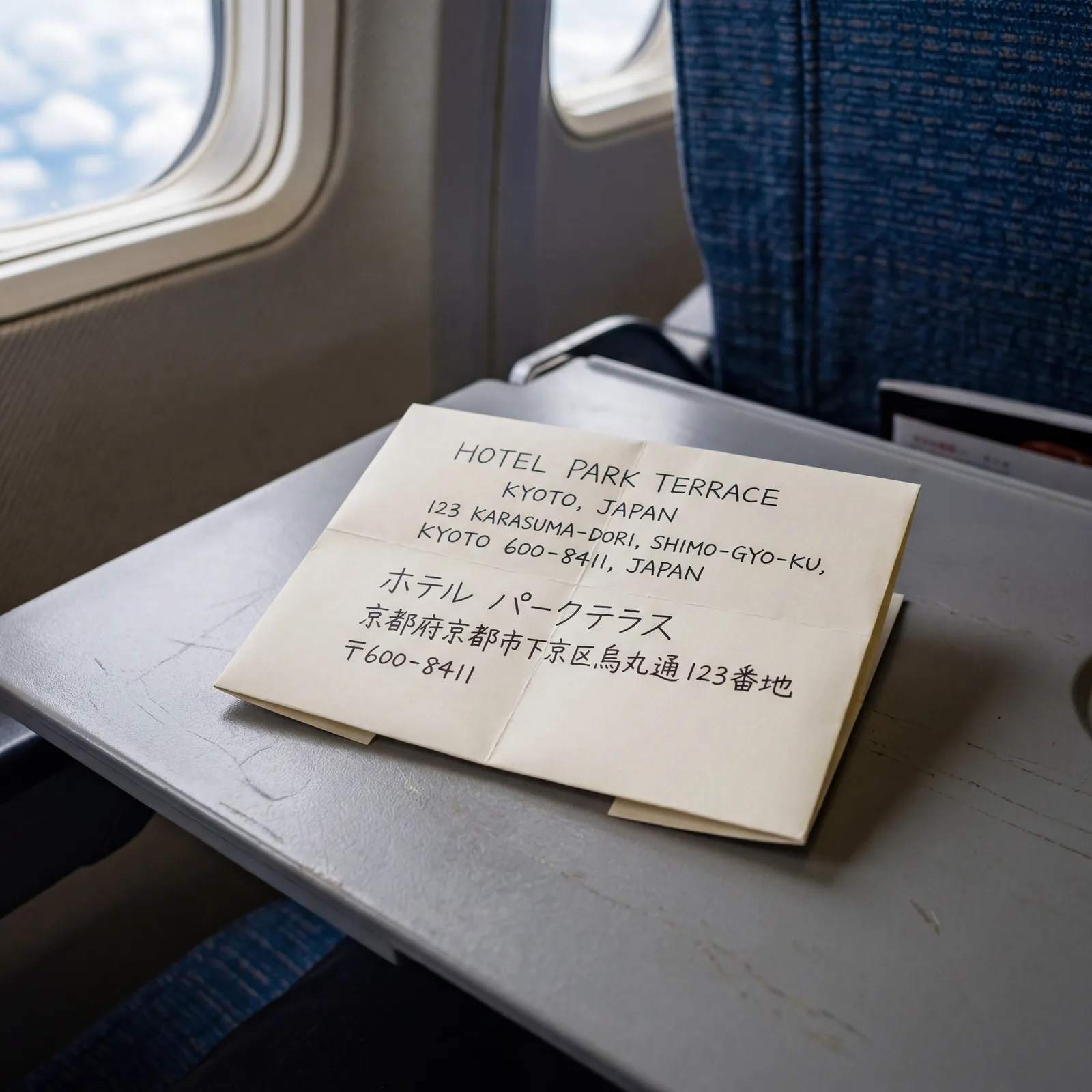Close-up of a neatly folded piece of paper with a hotel address written in both English and Japanese, resting on an airplane tray table, travel photography, photorealistic, no text, no watermark, 16:9