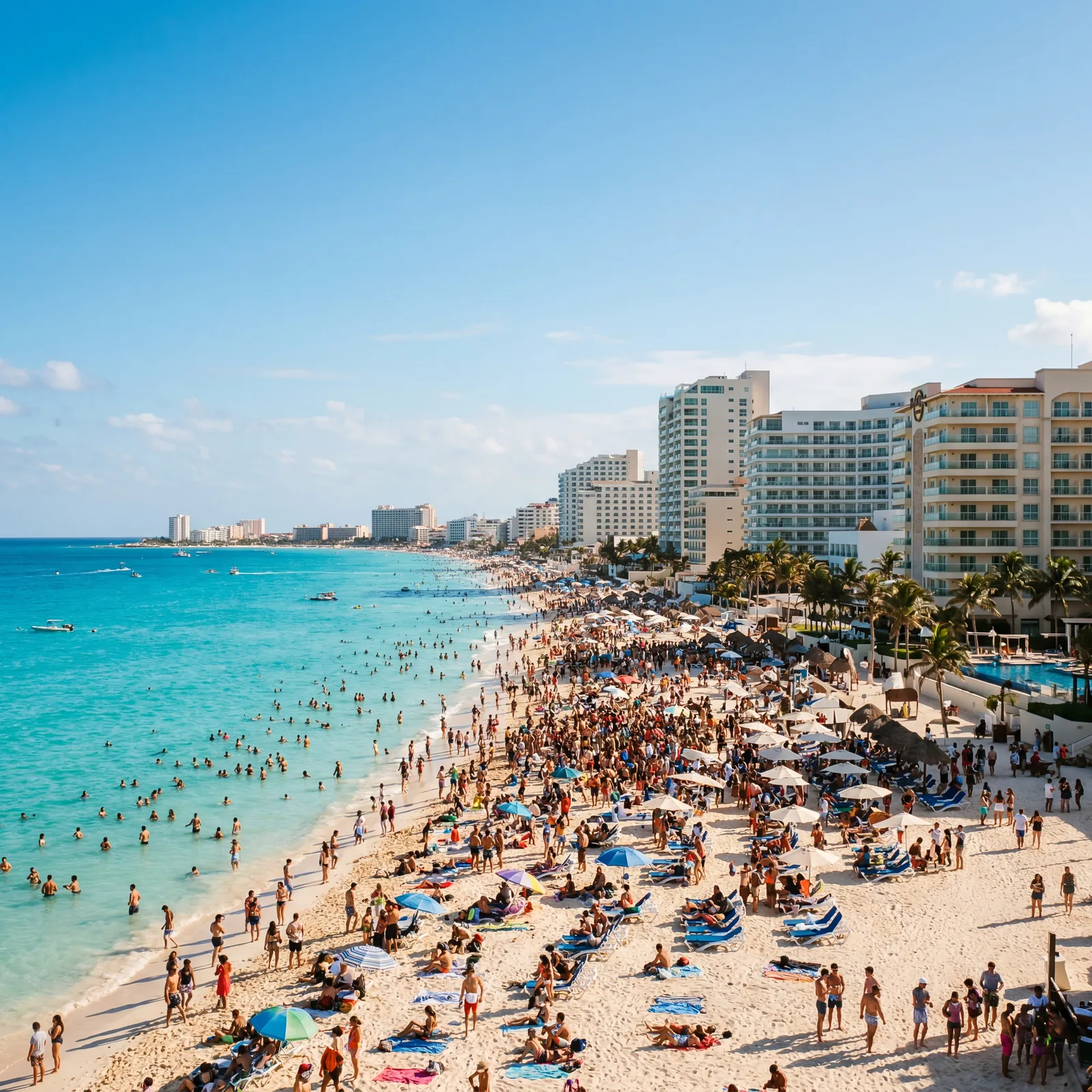Crowded hotel strip in Cancun Mexico with spring break crowds on beach, bright sun, photorealistic, warm editorial travel photography, no text, no watermark, 16:9