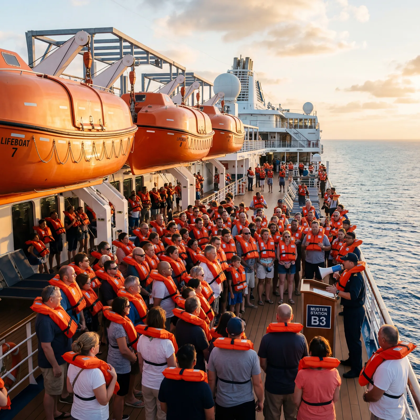 cruise ship muster drill station with life jackets on deck, passengers gathered near lifeboats, editorial travel photography, golden hour, no text, no watermark, 16:9
