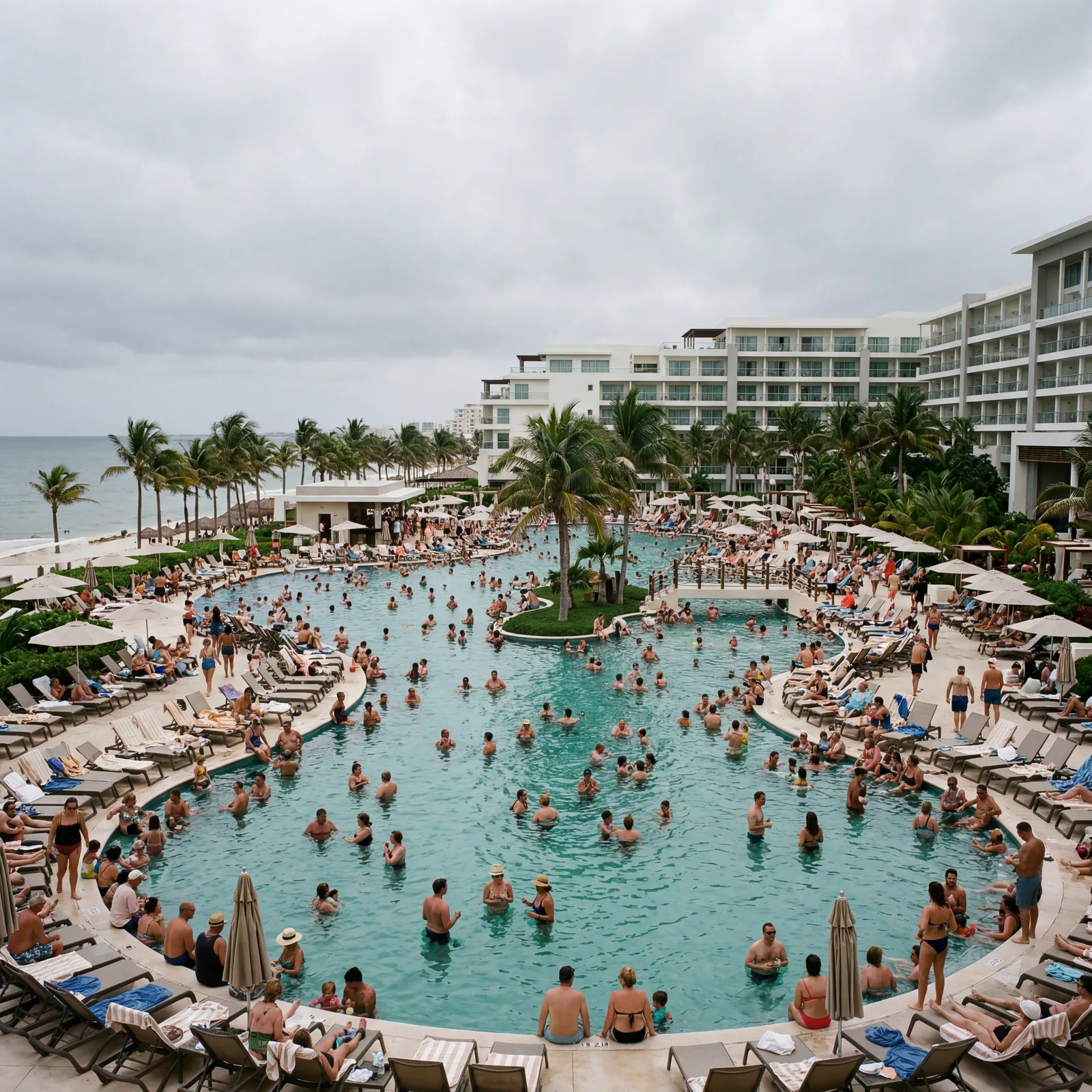 Generic resort pool with crowds in Cancun Mexico hotel zone, flat grey sky, photorealistic, no text, no watermark, 16:9