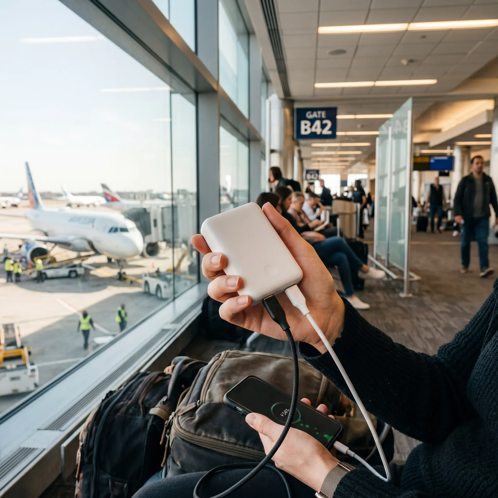 Hand holding a compact white power bank with USB cables plugged in at an airport gate, modern terminal background, photorealistic, warm editorial travel photography, no text, no watermark, 16:9