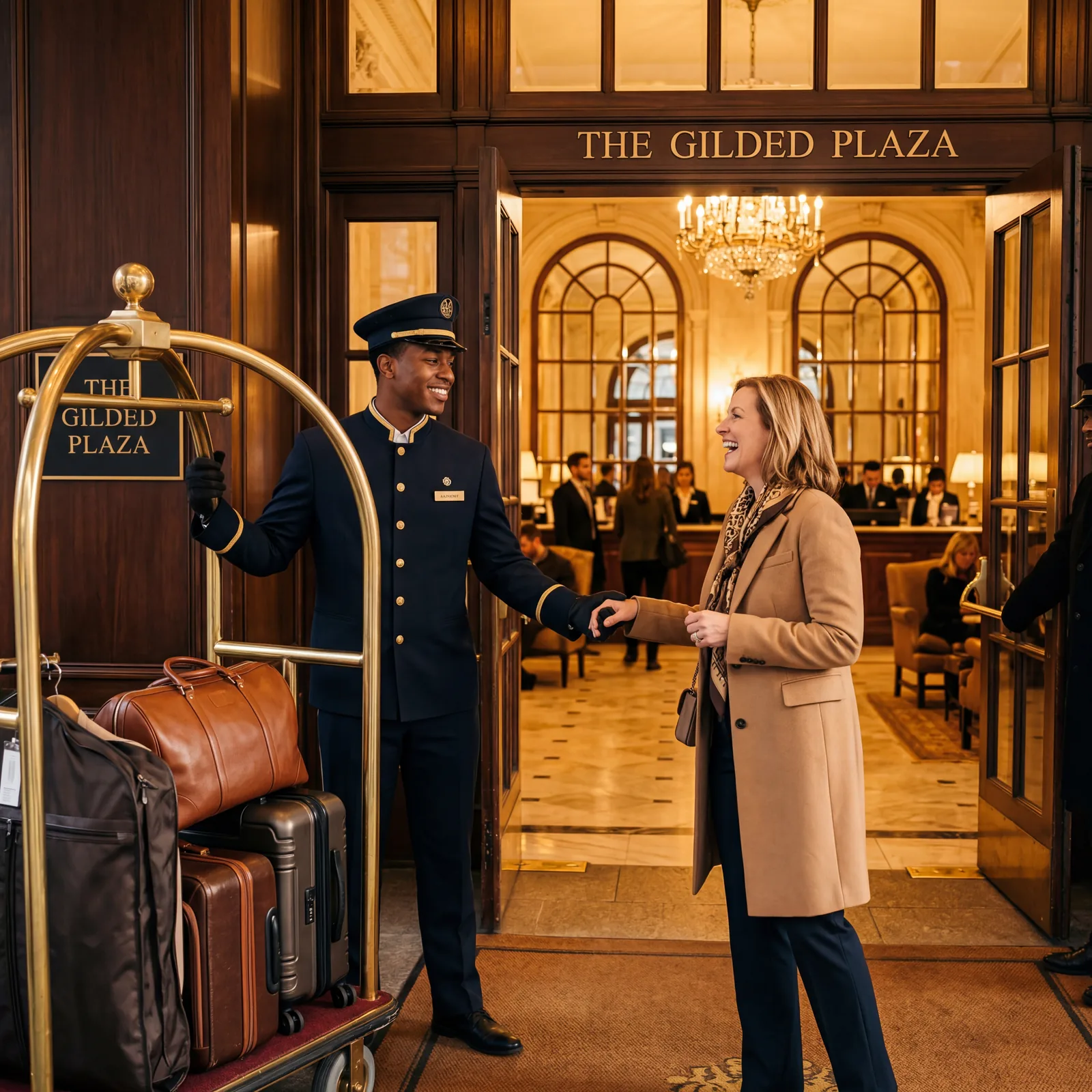 Hotel bellhop in uniform standing near entrance with luggage cart, American guest greeting him warmly, upscale hotel lobby, warm editorial travel photography, golden hour, photorealistic, no text, no watermark, 16:9