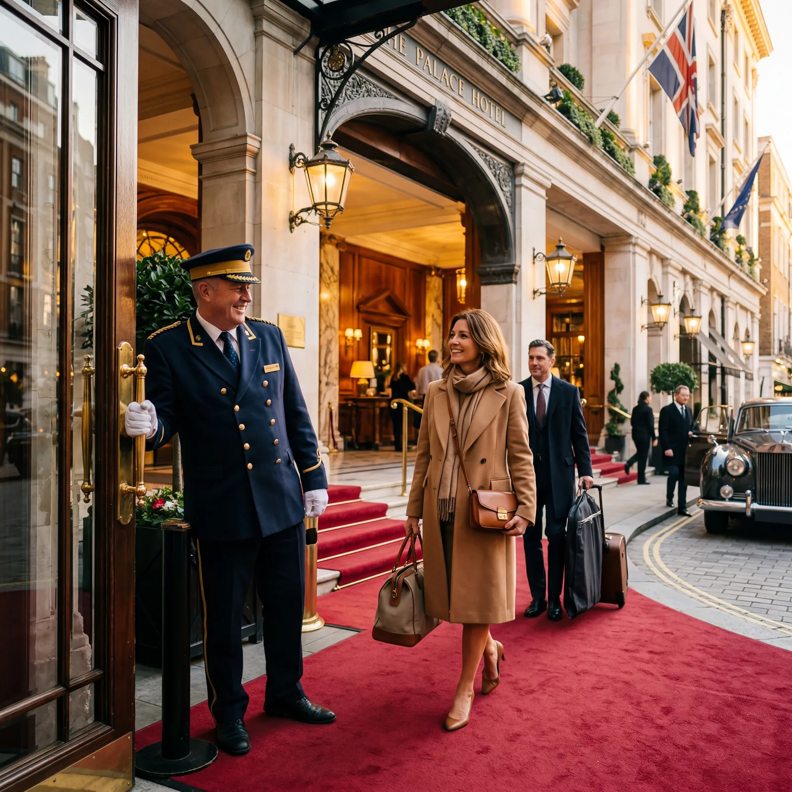 Hotel doorman in uniform opening door for arriving guest, luxury hotel entrance, warm editorial photography, golden hour, photorealistic, no text, no watermark, 16:9