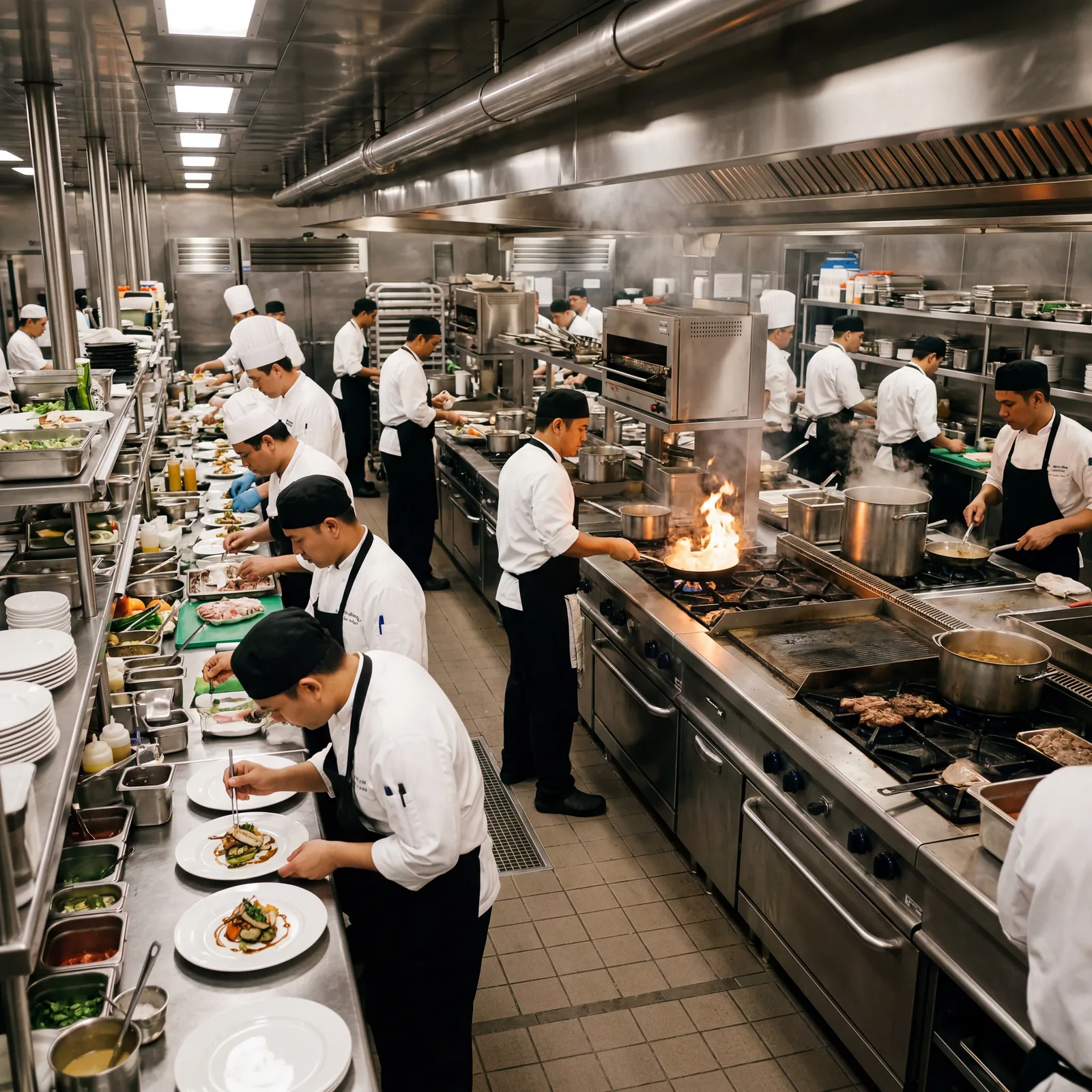 Industrial commercial kitchen inside a cruise ship, stainless steel equipment, chefs in white uniforms, busy service, cinematic, photorealistic, no text, no watermark, 16:9