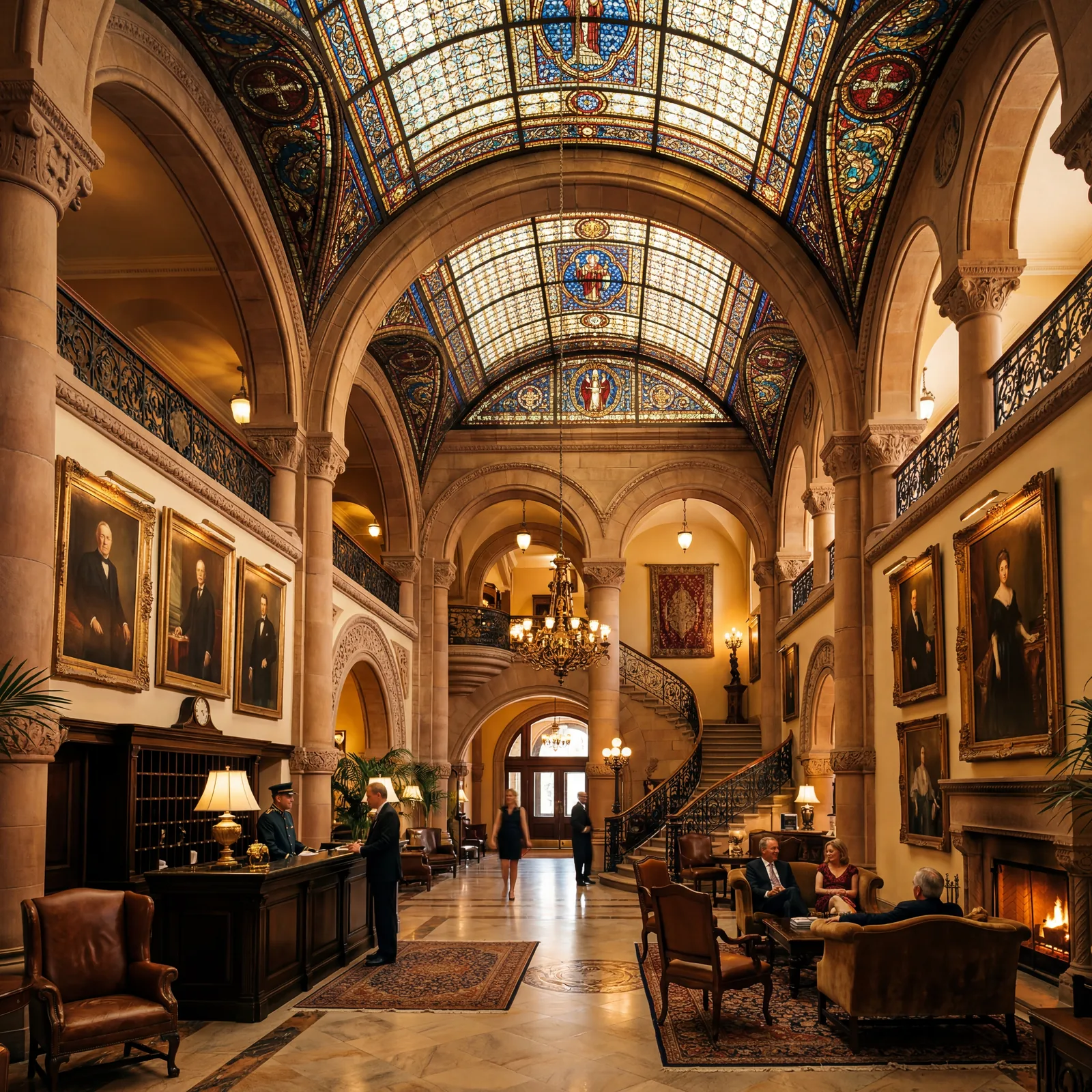 Ornate Romanesque hotel lobby in Austin Texas with stained glass ceiling and historic oil portraits, warm editorial travel photography, golden hour, photorealistic, no text, no watermark, 16:9