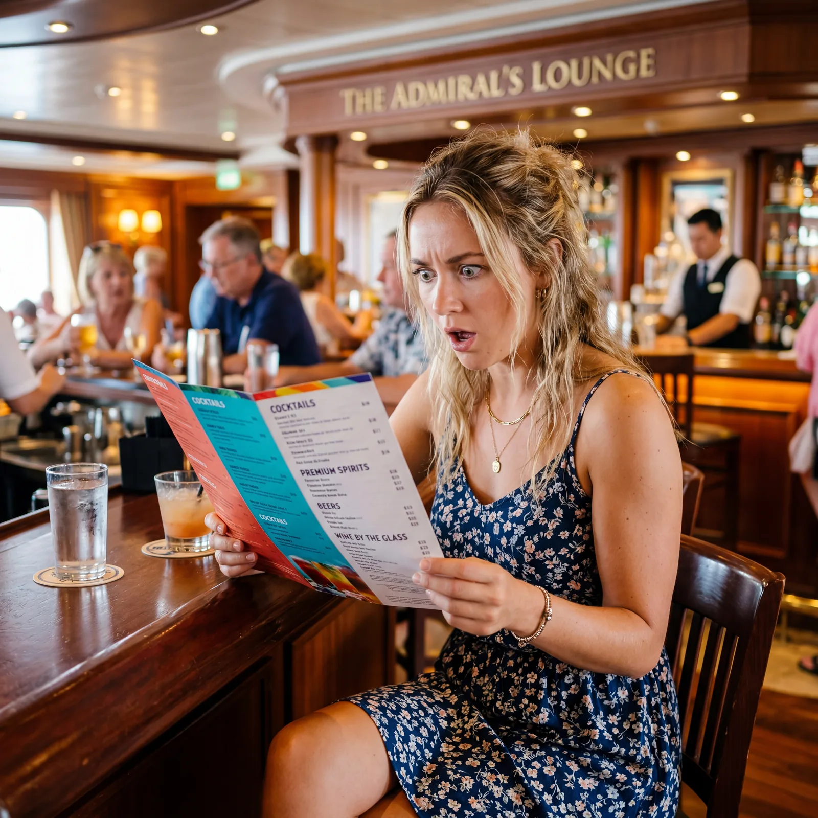 Tourist at a cruise ship bar looking at a drinks menu with prices, surprised expression, candid travel photography, photorealistic, no text, no watermark, 16:9