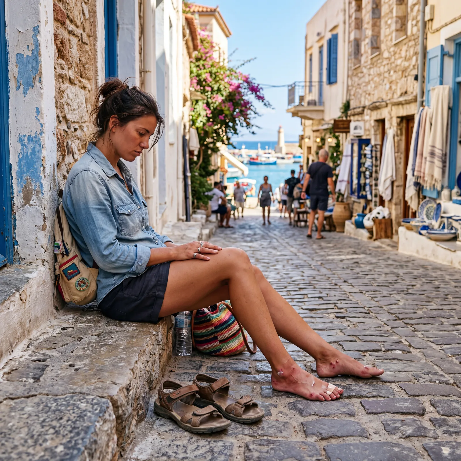 Tourist with blistered feet sitting on a cobblestone street in a hot Mediterranean port town, worn sandals beside them, editorial travel photography, photorealistic, no text, no watermark, 16:9