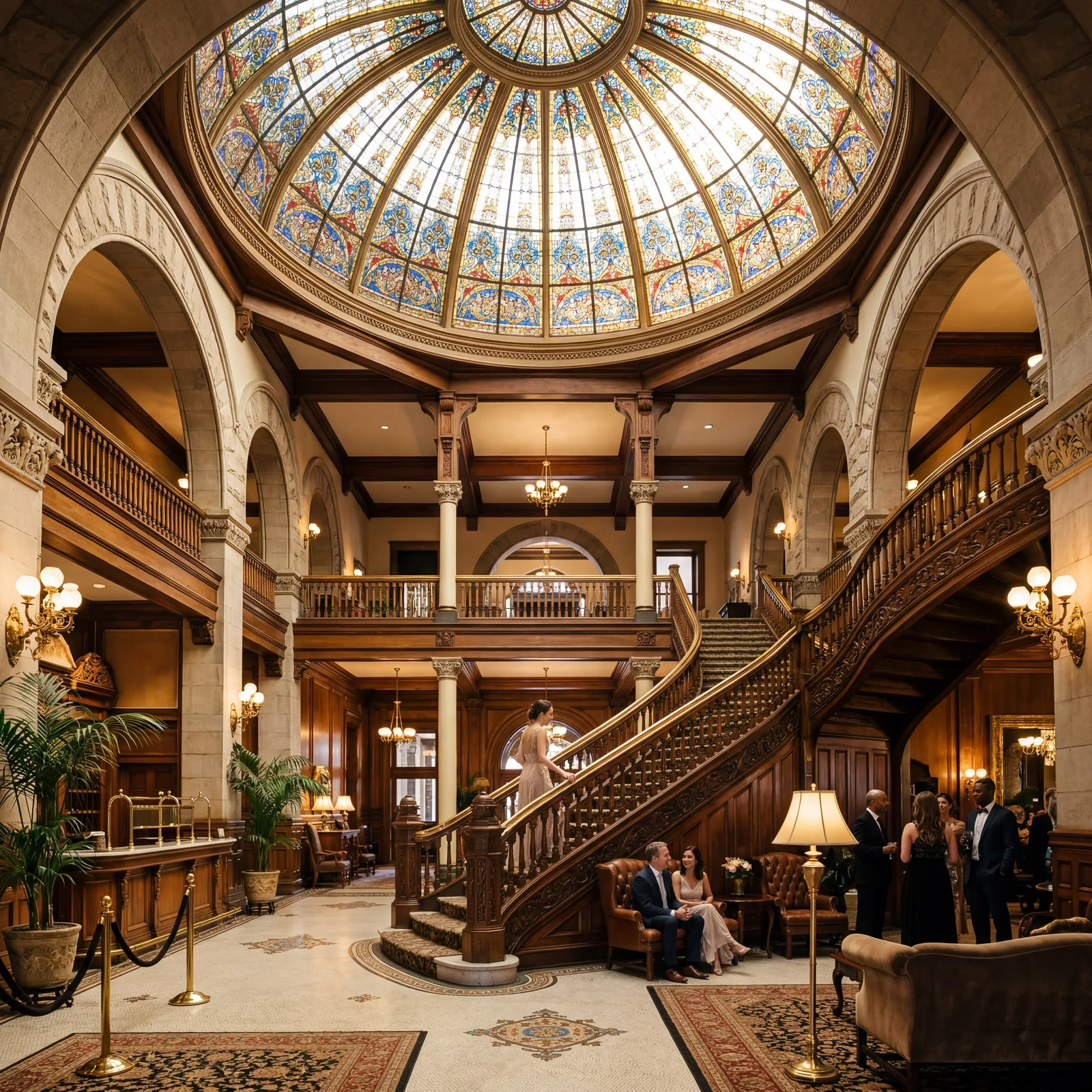 Victorian Romanesque hotel lobby in Austin Texas, ornate stained glass dome ceiling, brass fixtures, grand staircase, warm editorial travel photography, photorealistic, no text, no watermark, 16:9