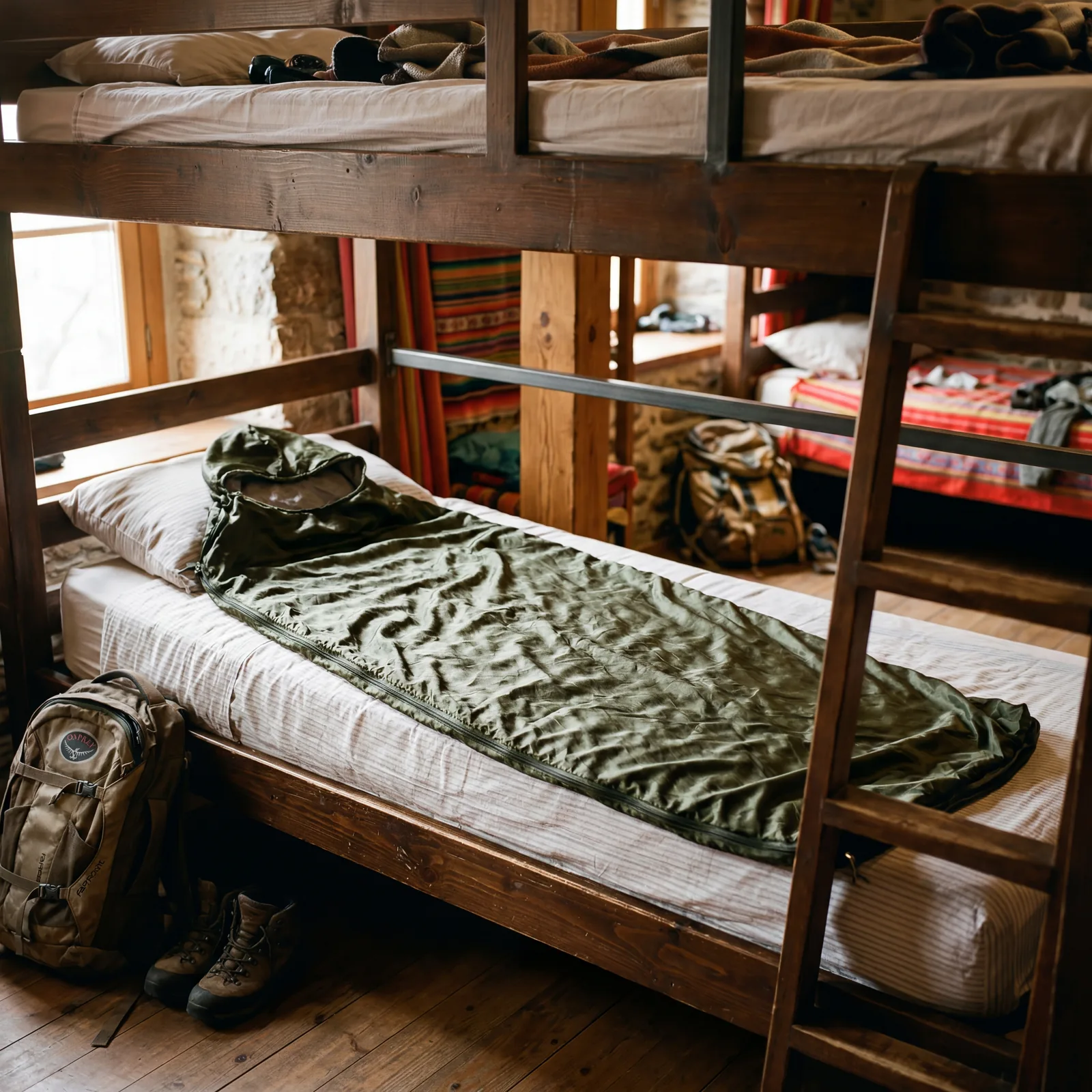 A lightweight silk travel sleep sack laid out on a hostel bunk bed, travel setting, warm editorial photography, photorealistic, no text, no watermark, 16:9