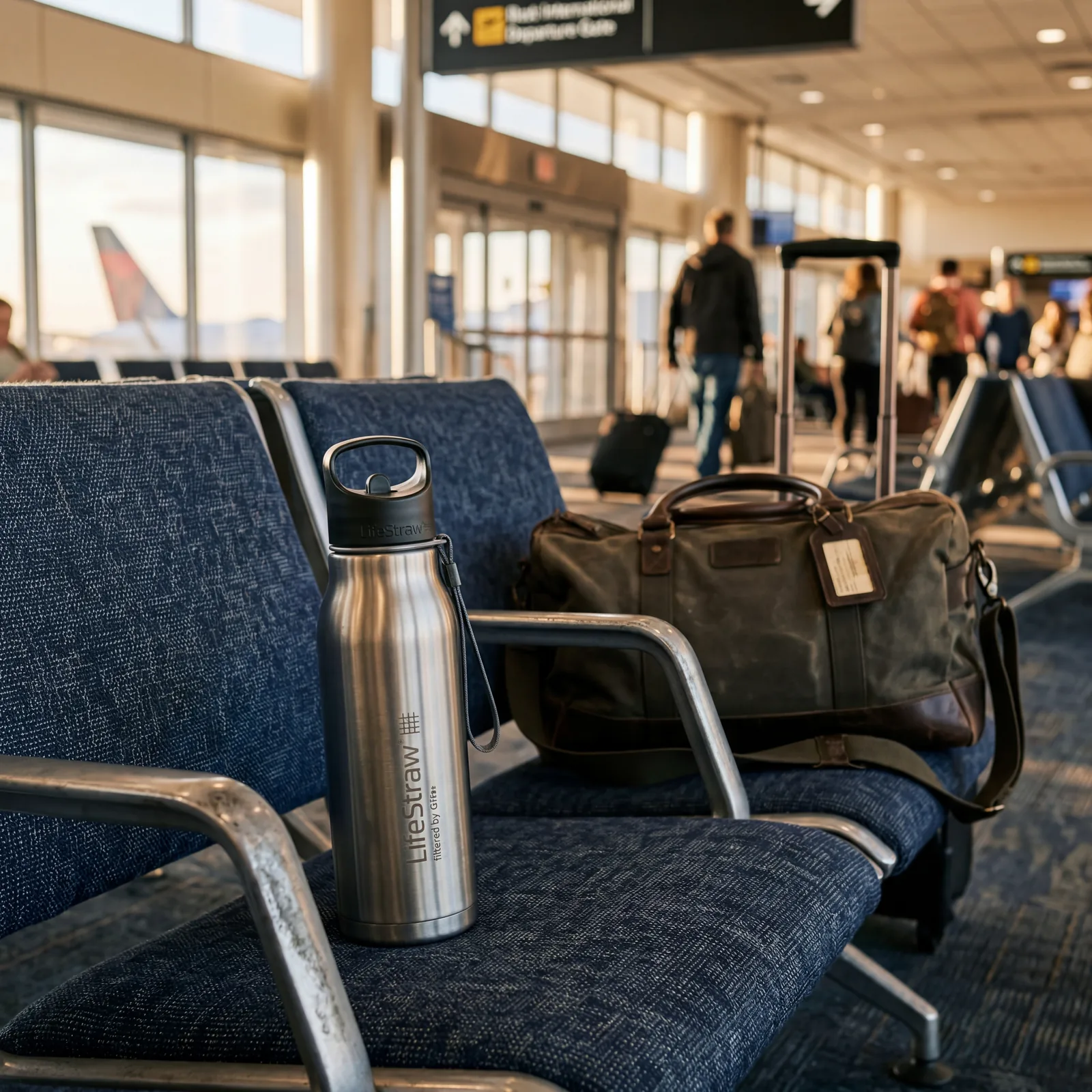 A silver stainless steel filtered water bottle sitting on an airport terminal seat, traveler's carry-on bag in background, photorealistic, warm editorial travel photography, no text, no watermark, 16:9