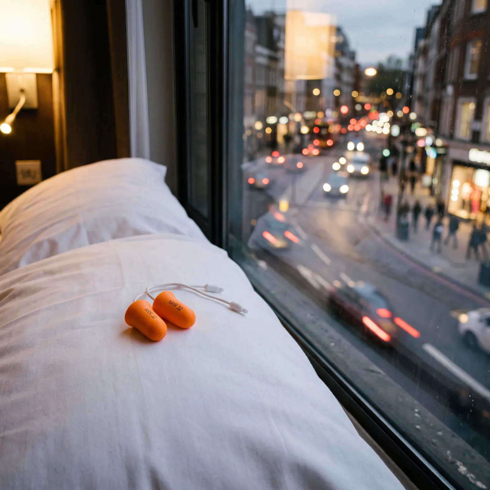 Bright orange foam earplugs sitting on a white hotel pillow, soft focus background of a busy street outside the window, photorealistic, no text, no watermark, 16:9