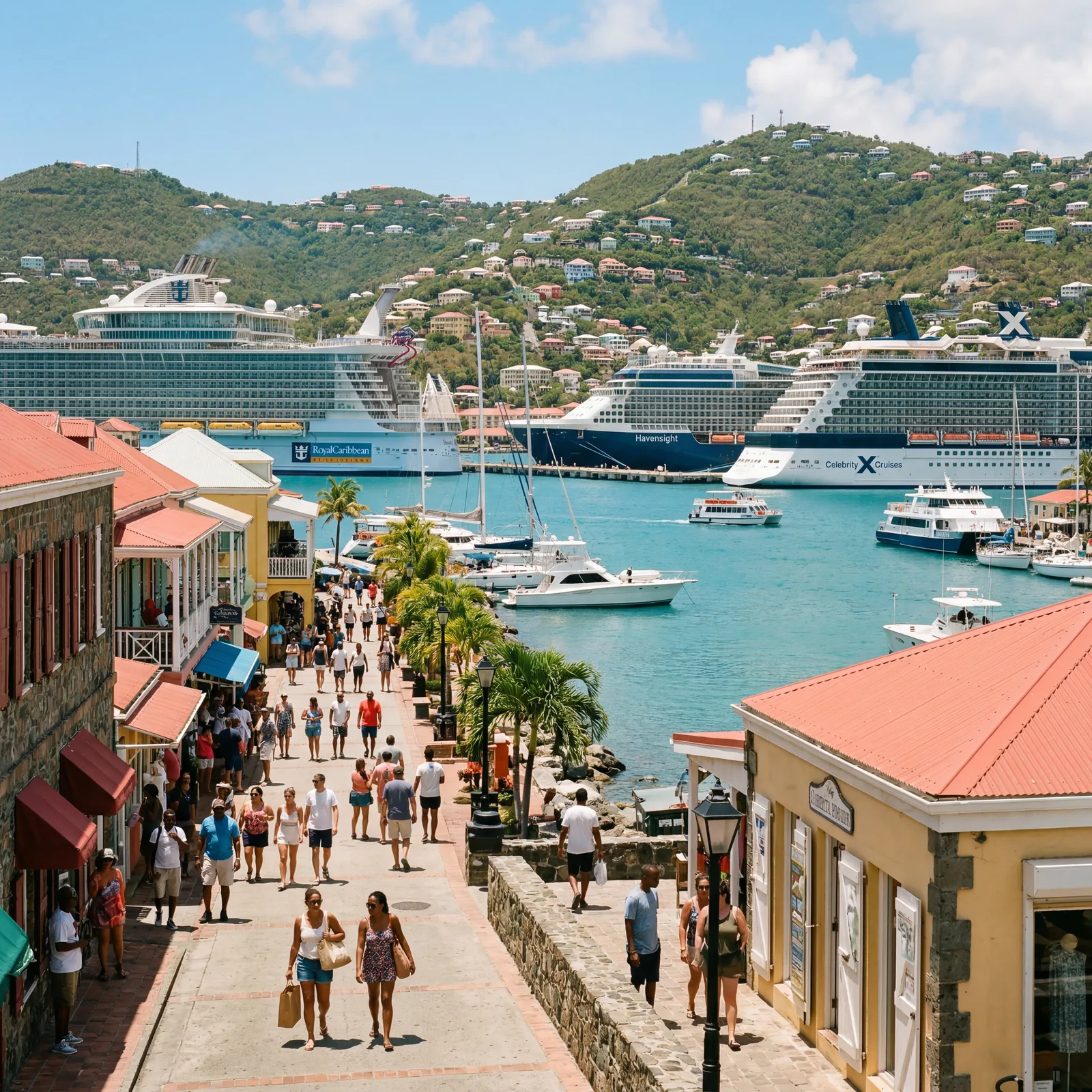 Charlotte Amalie harbor in St Thomas US Virgin Islands with cruise ships and shoppers, midday sun, photorealistic, warm editorial travel photography, no text, no watermark, 16:9