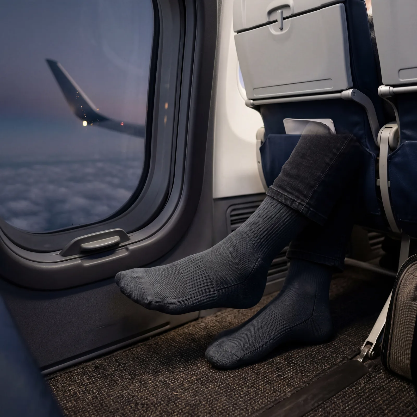 Close-up of compression socks on feet inside airplane cabin, window seat, long-haul flight, photorealistic, editorial travel photography, no text, no watermark, 16:9