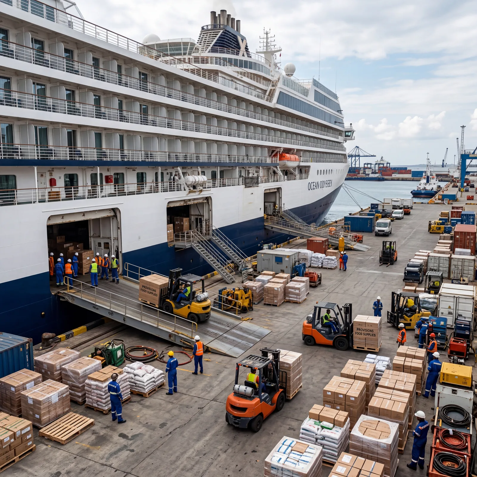 Cruise ship being provisioned at port, forklifts and pallets of food being loaded onto ship, busy dock, industrial scale, photorealistic, no text, no watermark, 16:9