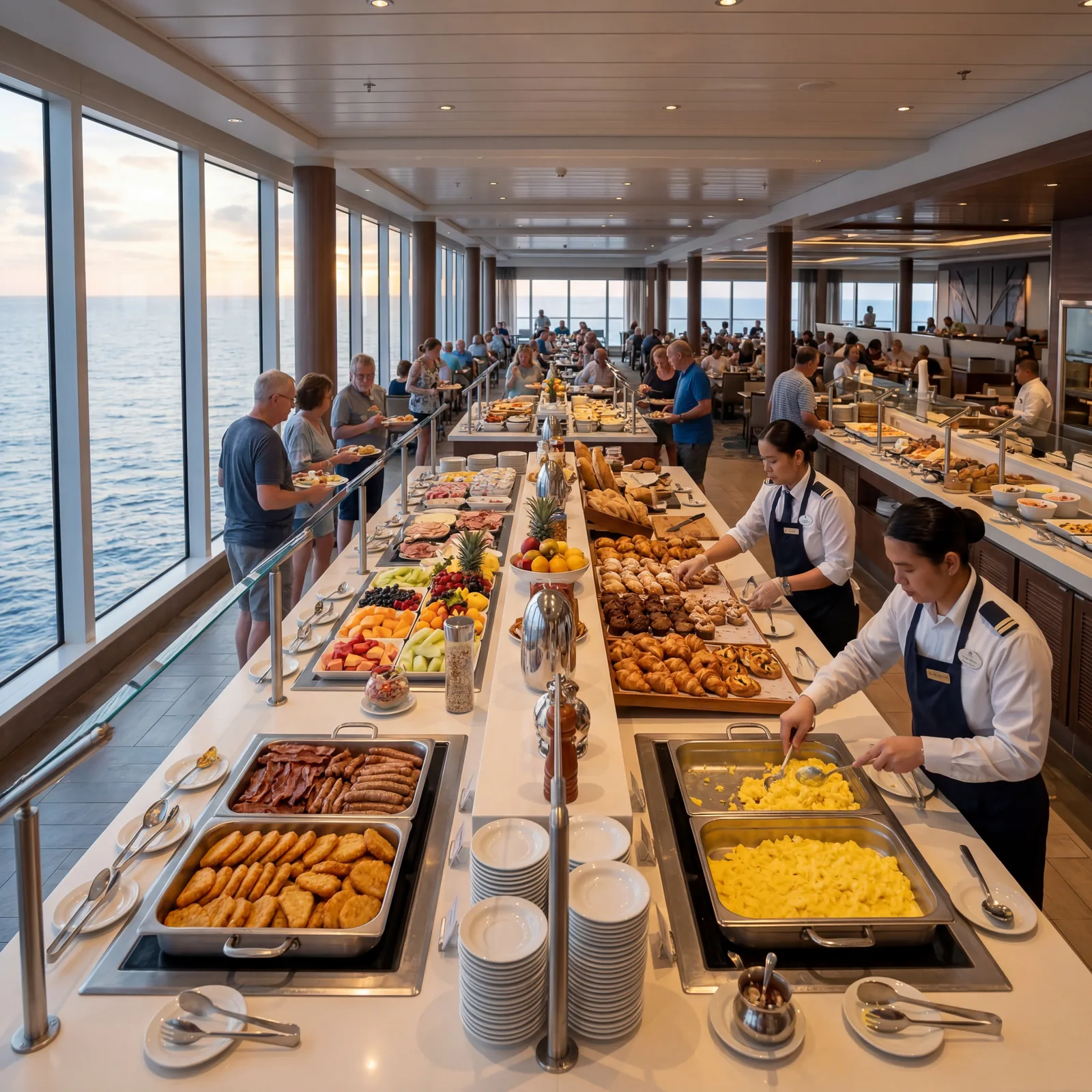 Cruise ship buffet area with abundant food displays, early morning light, staff replenishing trays, wide angle, photorealistic, no text, no watermark, 16:9