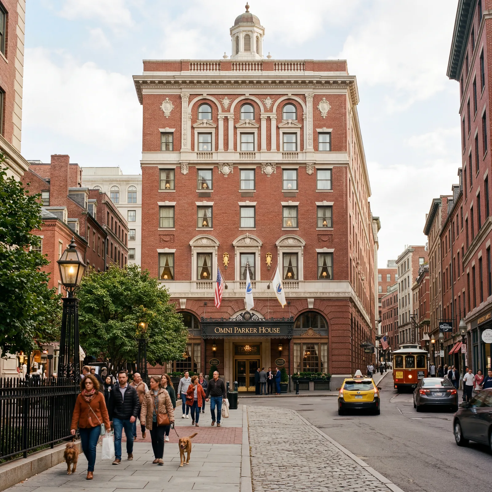 Historic Boston hotel exterior on School Street, red brick facade with ornate white detailing, busy sidewalk below, warm editorial travel photography, photorealistic, no text, no watermark, 16:9