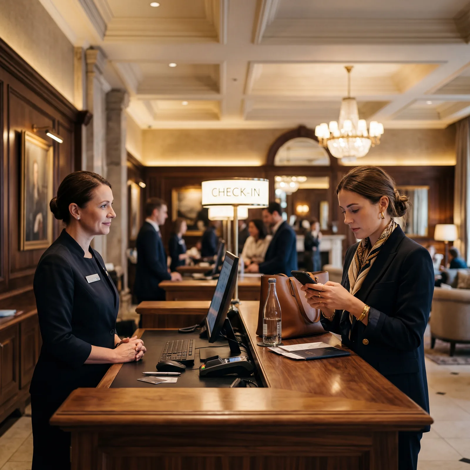 Hotel front desk check-in scene, guest distracted on smartphone while staff waits patiently, upscale hotel interior, warm editorial travel photography, photorealistic, no text, no watermark, 16:9