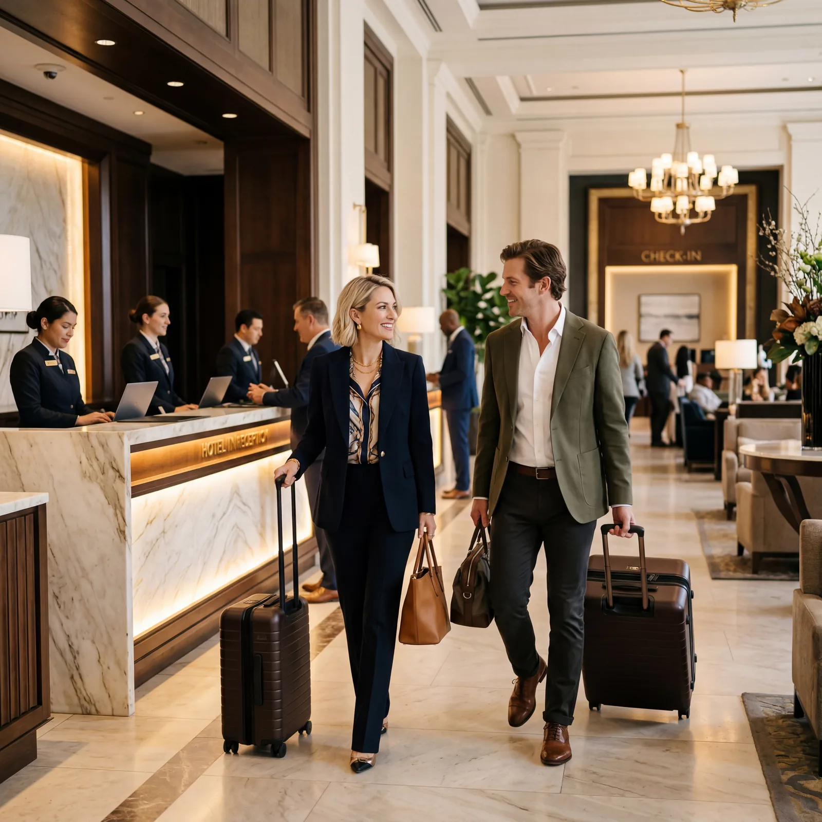 Hotel lobby, smartly dressed American couple arriving with luggage, front desk staff in background, editorial travel photography, photorealistic, no text, no watermark, 16:9