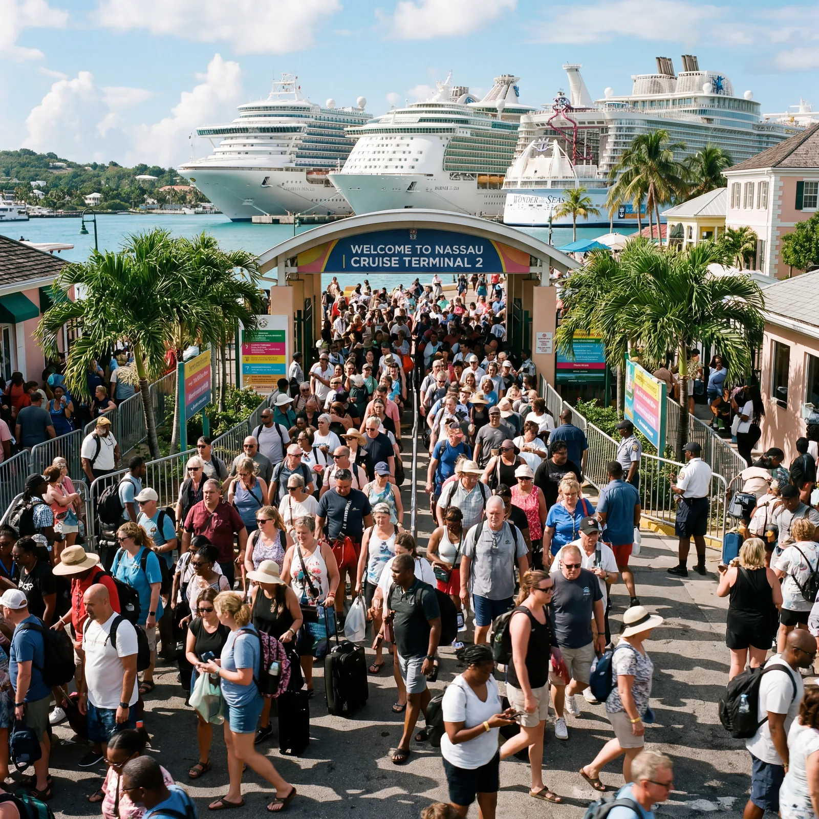 Large crowd of cruise ship passengers gathering at a busy Caribbean port entrance at 8am, congestion, tropical heat, photorealistic, editorial travel photography, no text, no watermark, 16:9