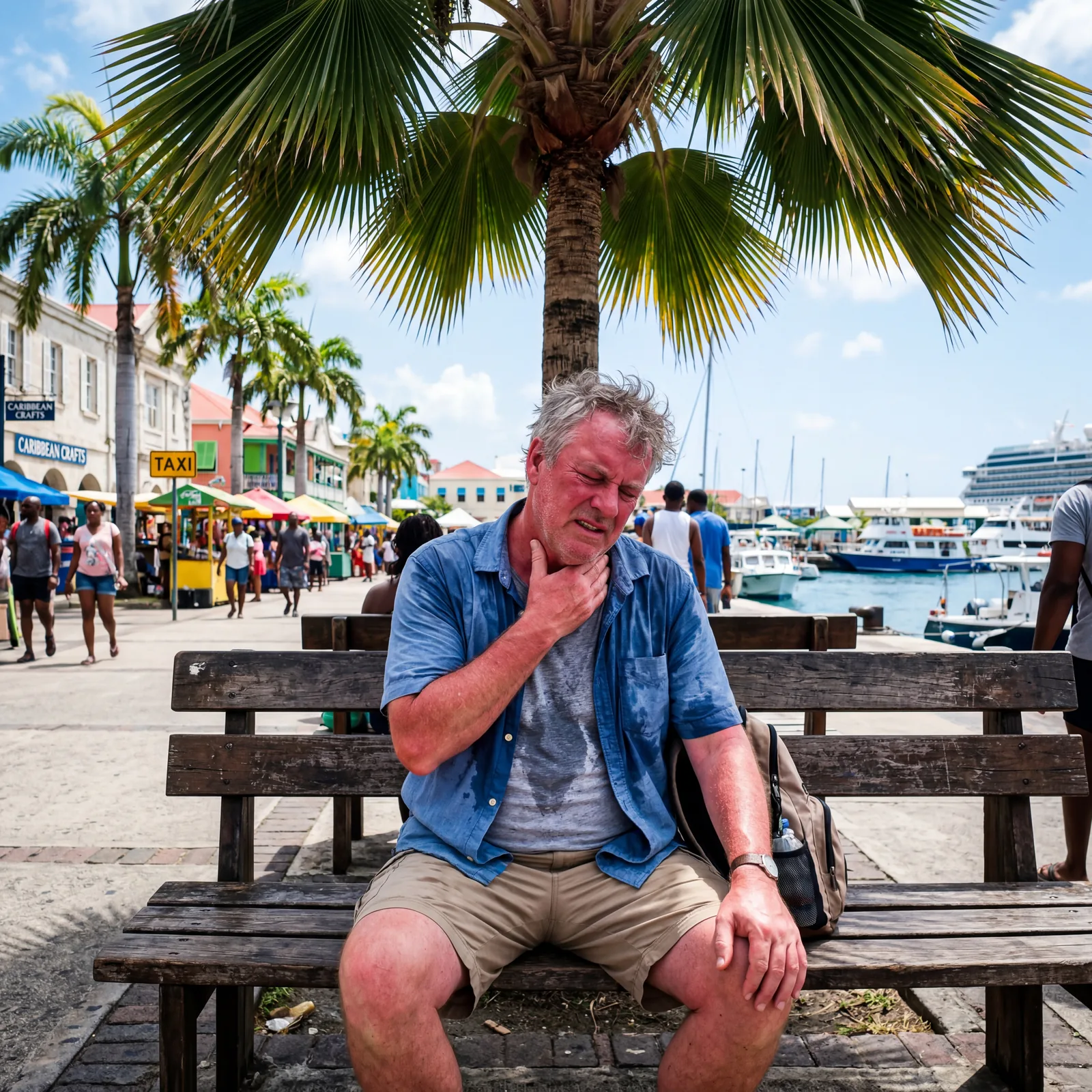 Red-faced sunburned tourist sitting on a bench under a palm tree in a hot Caribbean port, holding their neck in discomfort, editorial travel photography, photorealistic, no text, no watermark, 16:9