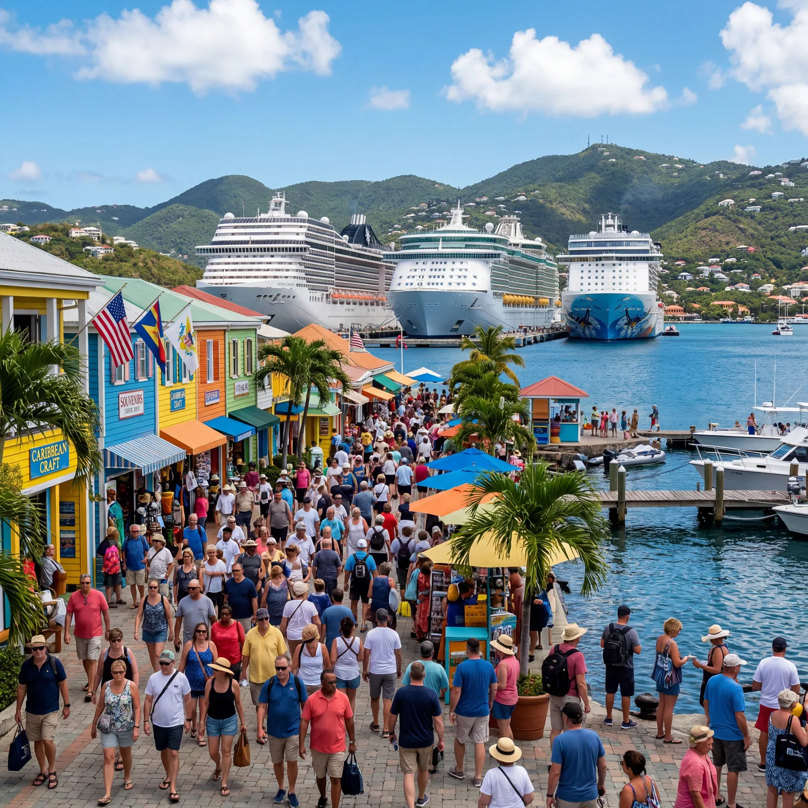 St Thomas US Virgin Islands cruise ship port with tourist shops and crowds, sunny afternoon, photorealistic, no text, no watermark, 16:9