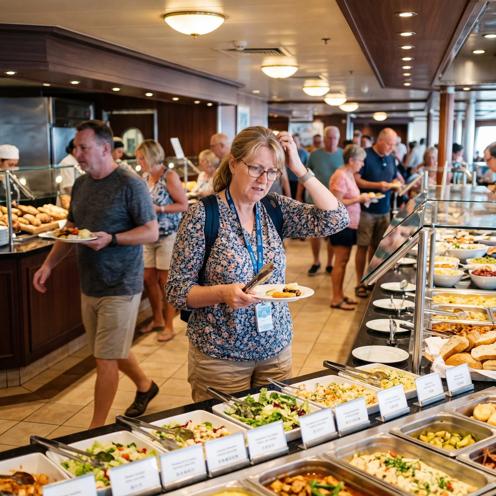Tourist standing at a cruise ship buffet looking confused, bright overhead lighting, candid travel photography, photorealistic, no text, no watermark, 16:9