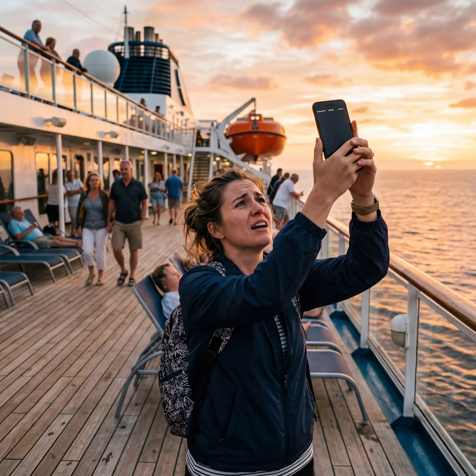traveler frantically trying to get phone signal on a cruise ship deck with no connectivity bars visible, frustrated expression, realistic travel photography, golden hour, no text, no watermark, 16:9