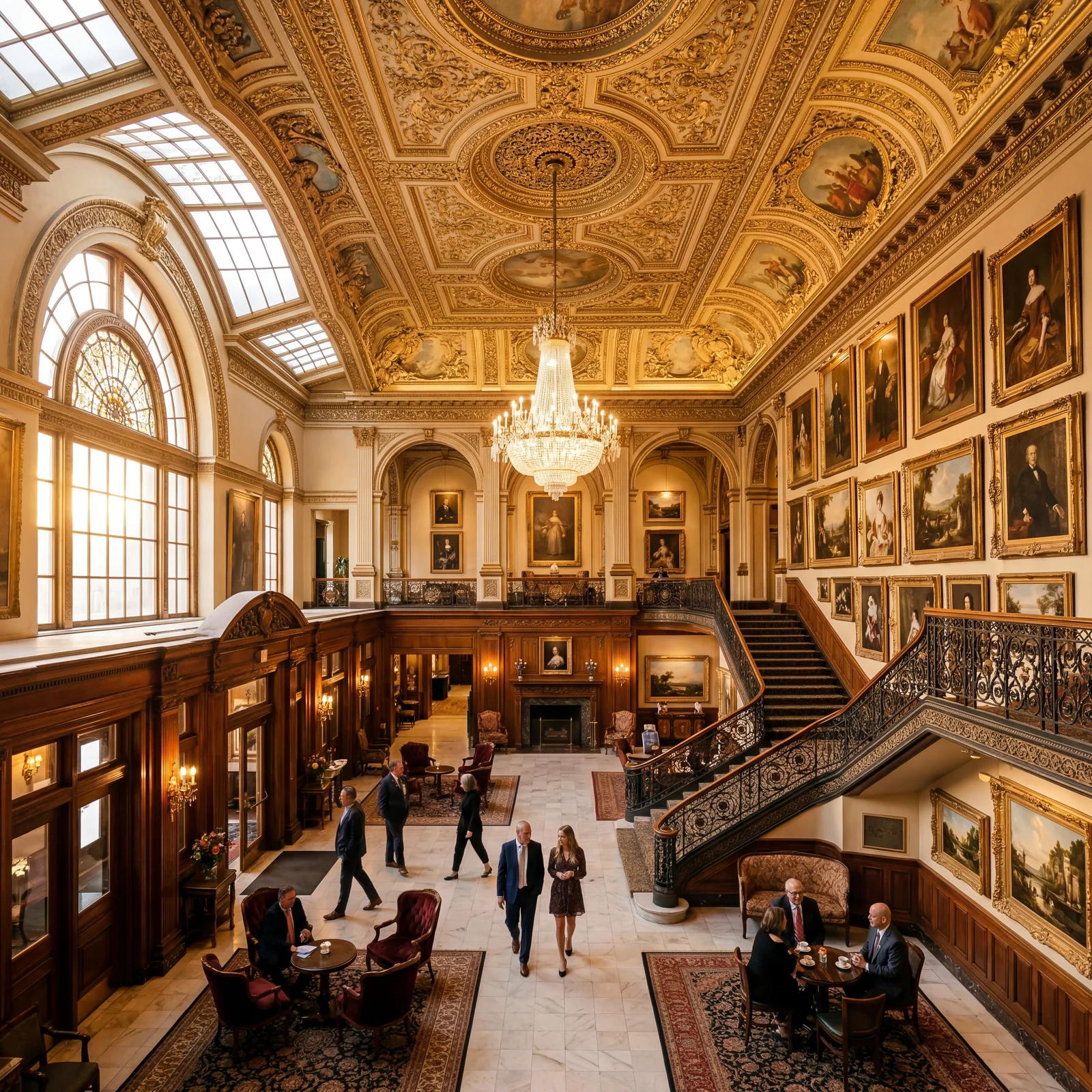 Victorian grand hotel interior in Milwaukee Wisconsin with vast art collection and gilded ceiling details, warm editorial travel photography, golden hour, photorealistic, no text, no watermark, 16:9