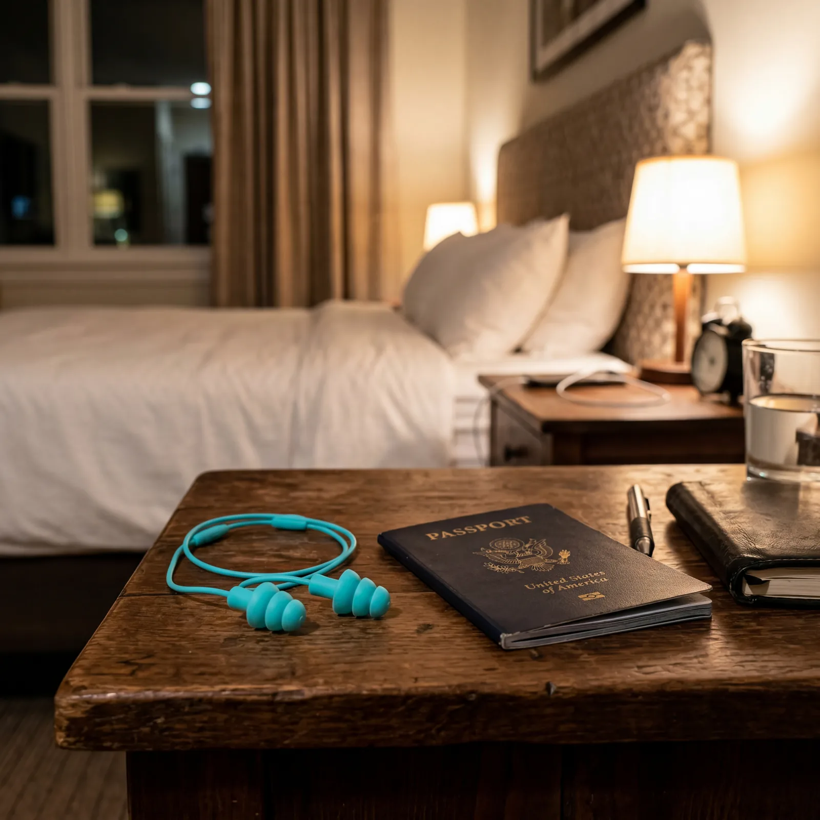 A pair of bright silicone swimmer's earplugs beside a passport on a nightstand, travel setting, photorealistic, no text, no watermark, 16:9