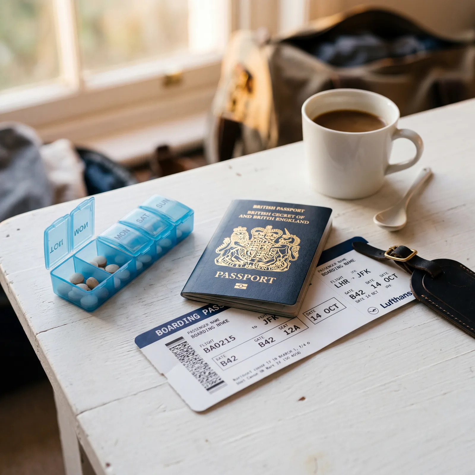 A small pill organizer with melatonin tablets next to a passport and boarding pass on a white surface, photorealistic, warm editorial travel photography, no text, no watermark, 16:9