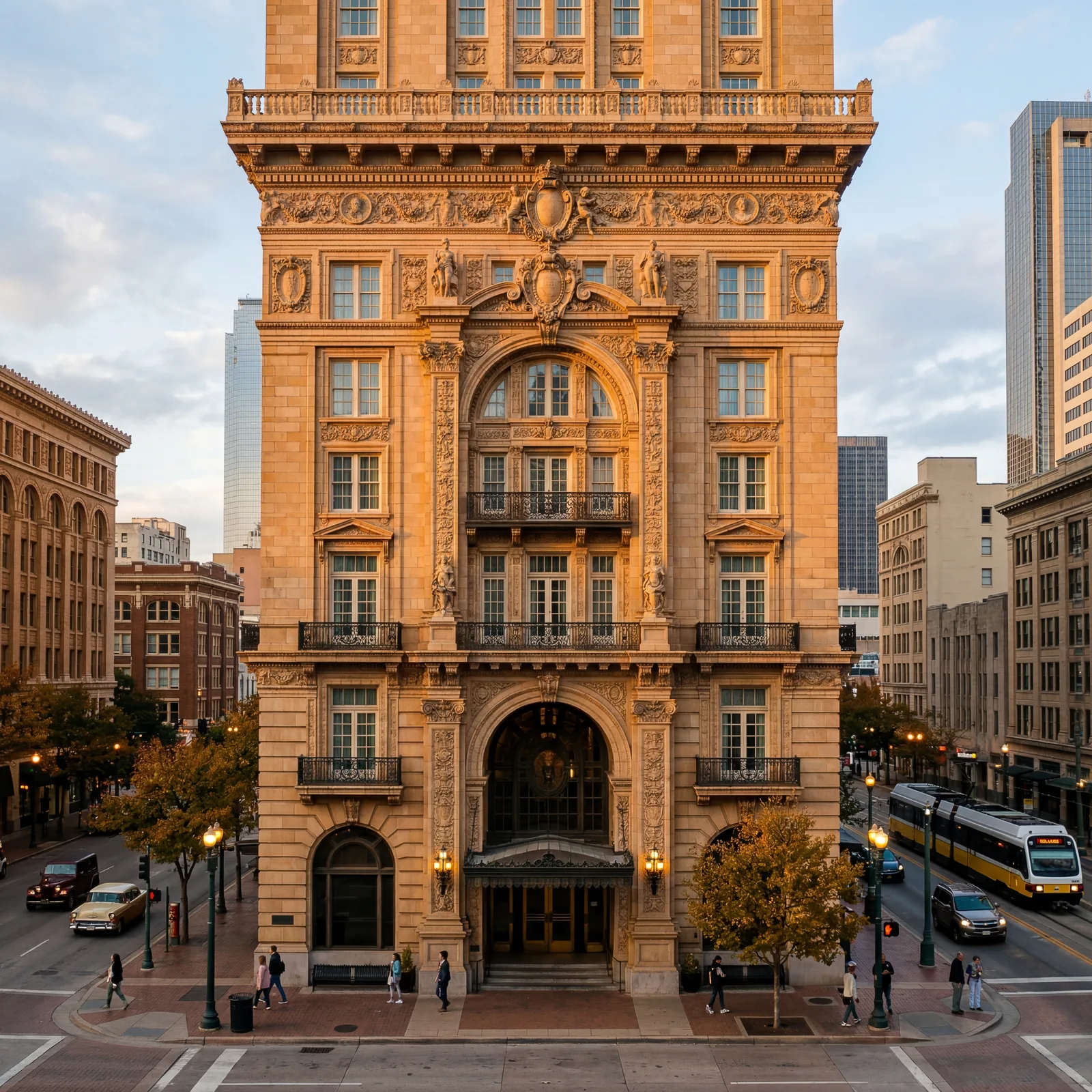 Beaux-Arts hotel facade in downtown Dallas Texas, ornate stone carvings and terracotta details, 1917 architecture, warm editorial travel photography, golden hour, photorealistic, no text, no watermark, 16:9