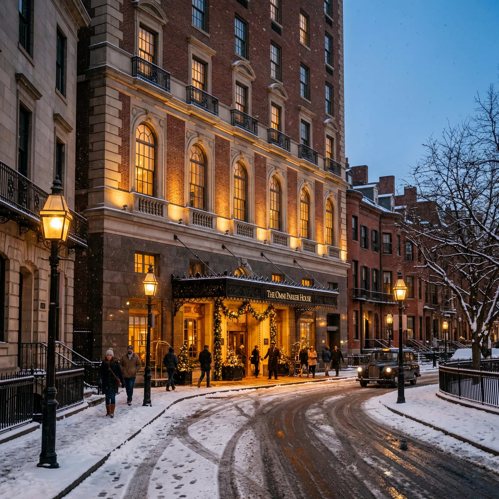 Classic Boston hotel exterior in winter evening with warm glowing windows and old gas lanterns on the street, warm editorial travel photography, photorealistic, no text, no watermark, 16:9