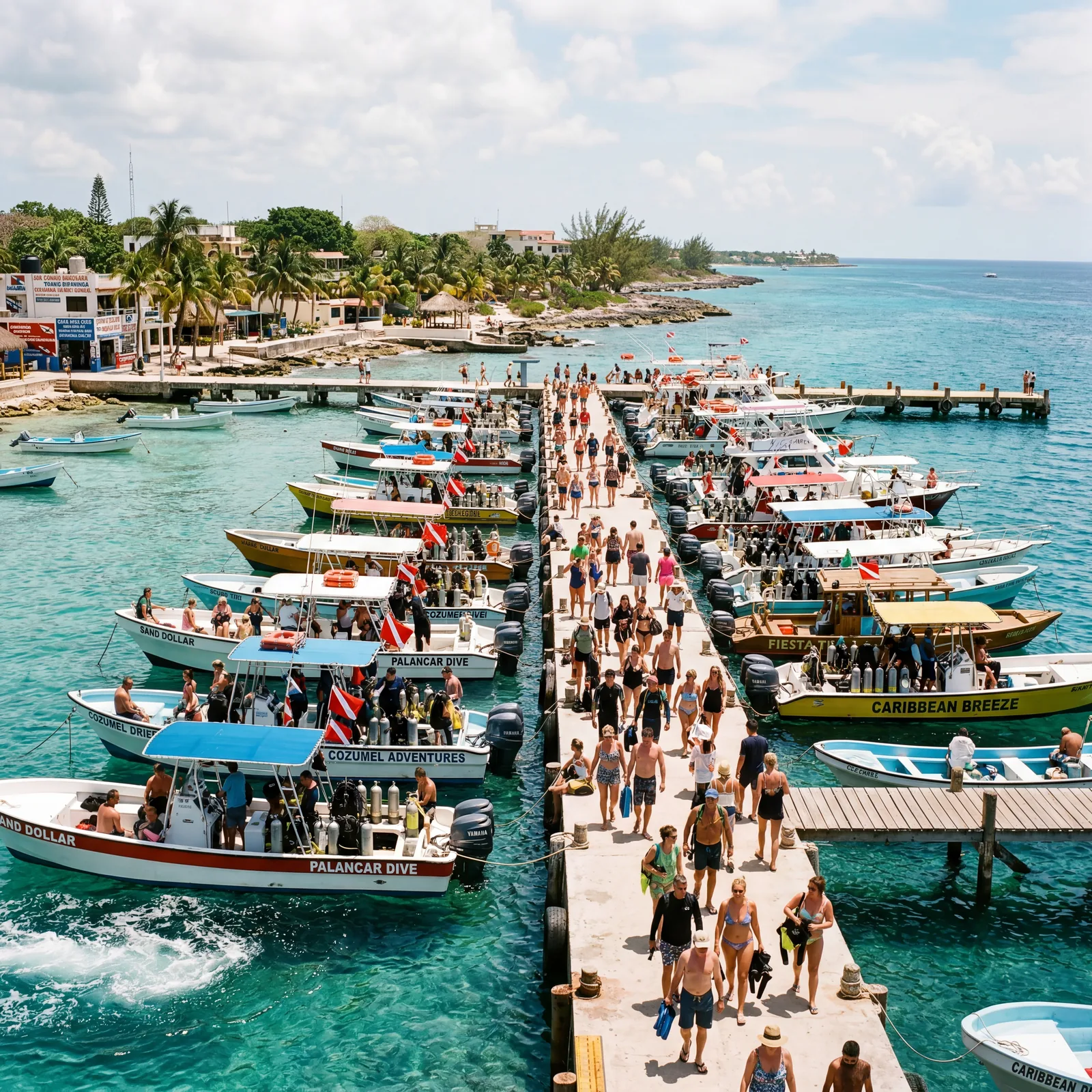 Cozumel Mexico dive site with tourist boats crowding the pier, midday, photorealistic, warm editorial travel photography, no text, no watermark, 16:9