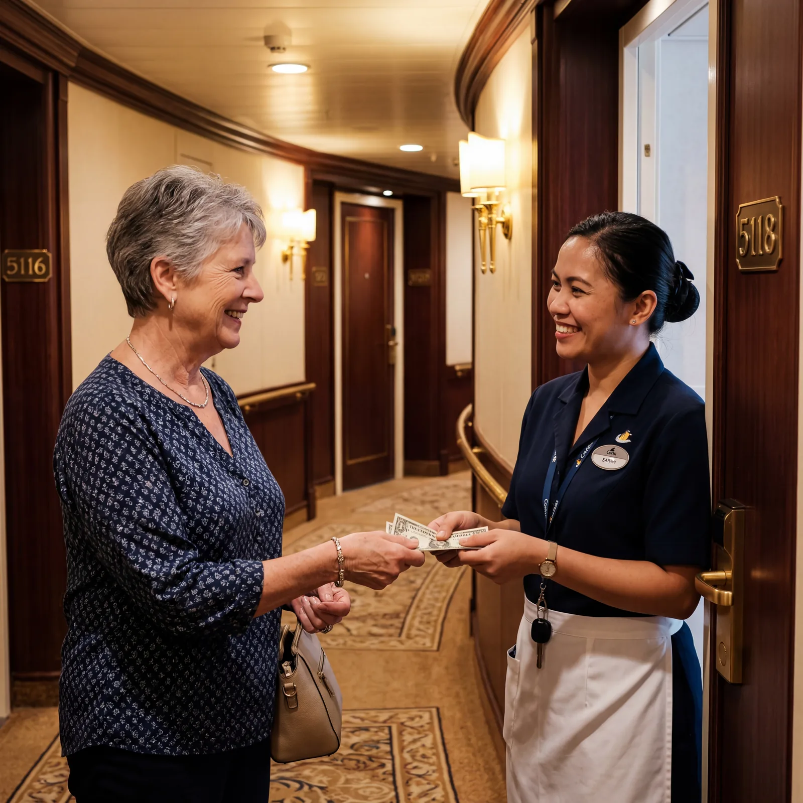 Cruise passenger handing cash tips to a cabin steward in a ship corridor, warm interior lighting, candid travel photography, photorealistic, no text, no watermark, 16:9