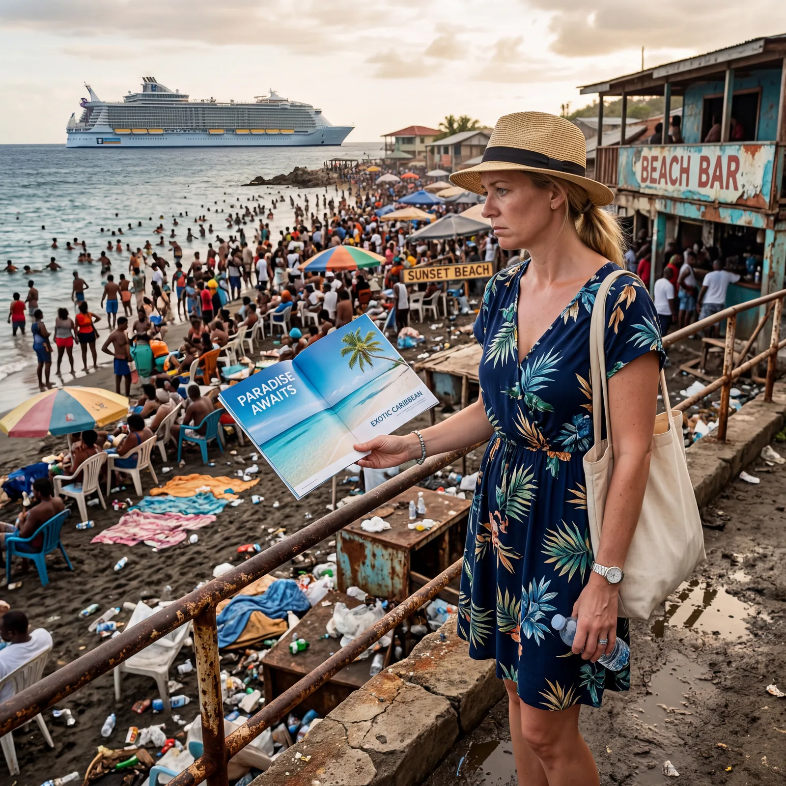 Cruise passenger looking disappointed at a crowded, run-down beach attraction that doesn't match the brochure photo, Caribbean setting, photorealistic, editorial travel photography, no text, no watermark, 16:9