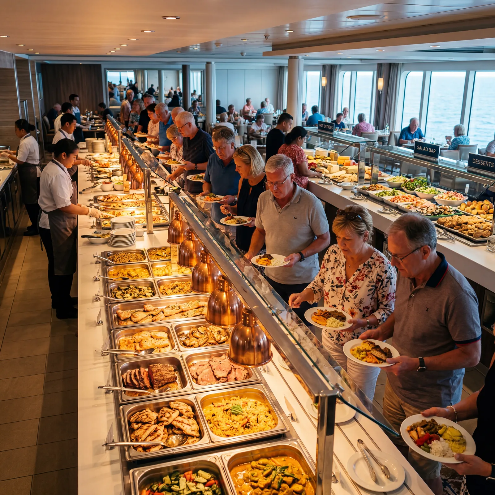 Cruise ship buffet line with food stations under heat lamps, passengers selecting dishes, wide variety of hot and cold options, editorial travel photography, photorealistic, no text, no watermark, 16:9