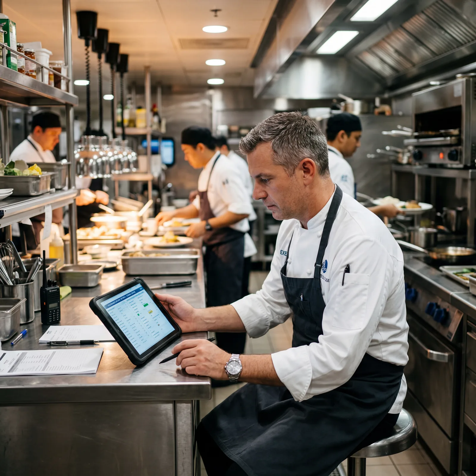 Cruise ship executive chef reviewing passenger dietary files on a tablet in a modern ship galley, photorealistic, cinematic, no text, no watermark, 16:9