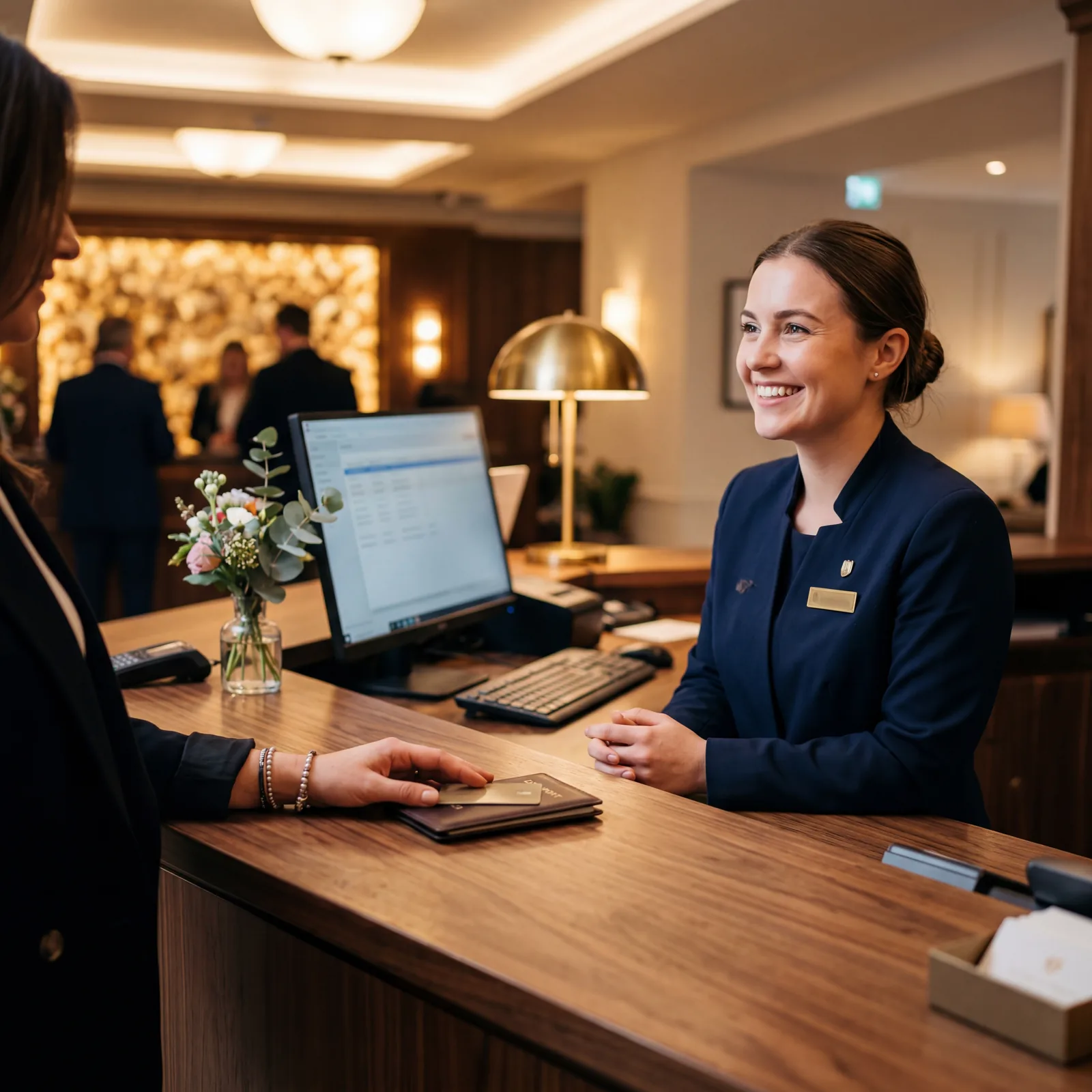 Hotel front desk close-up, guest hand on counter, staff member smiling and waiting, warm indoor hotel lighting, photorealistic, no text, no watermark, 16:9