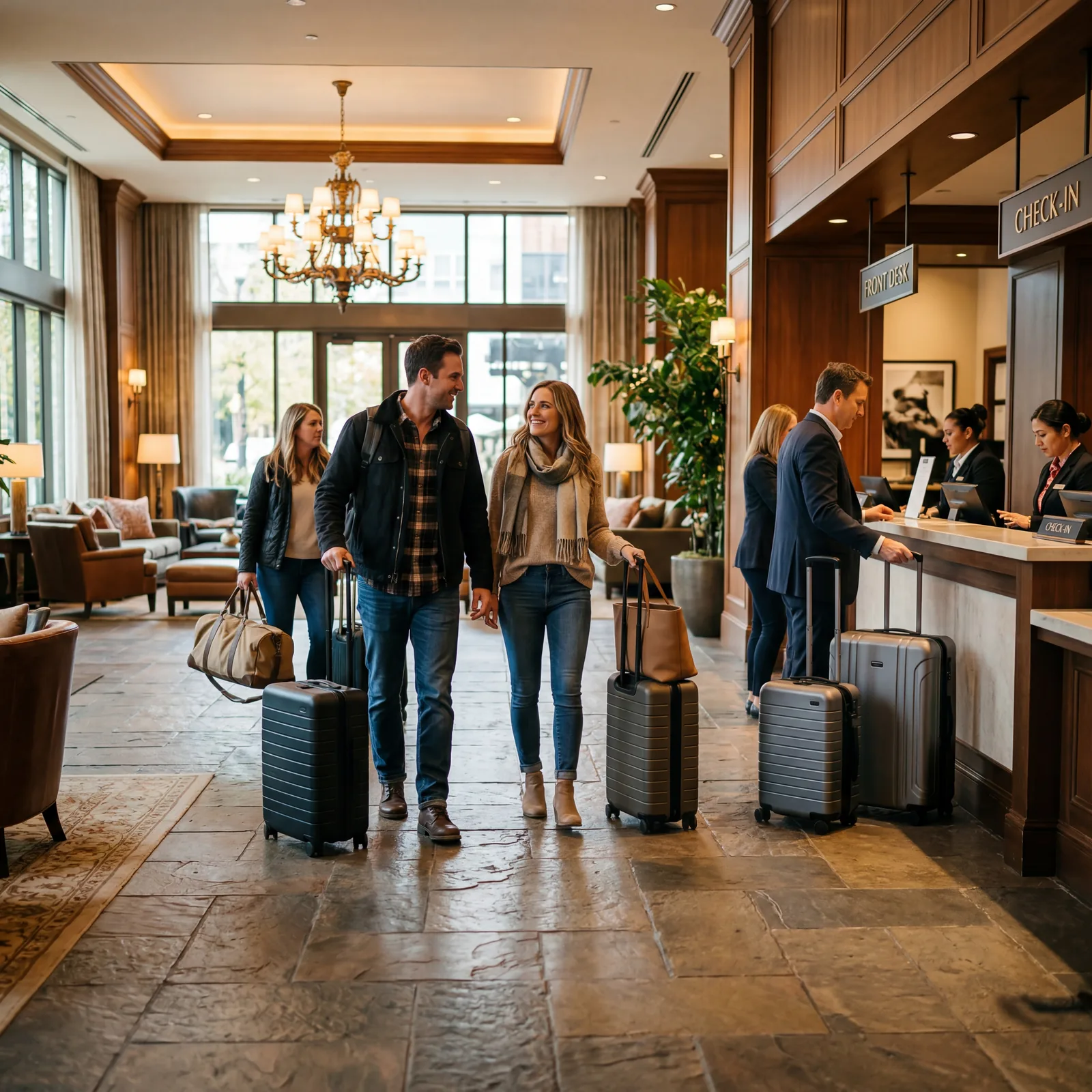Hotel lobby arrival scene, American couple with luggage rolling suitcases toward front desk, comparing guests with different luggage types, warm editorial travel photography, photorealistic, no text, no watermark, 16:9