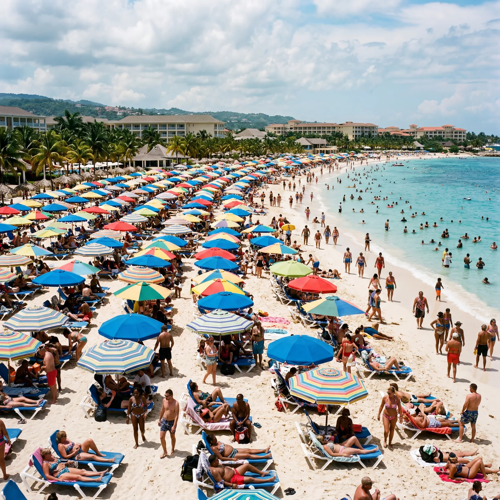 Overcrowded all-inclusive resort beach strip in Montego Bay Jamaica, tourist umbrellas packed together, photorealistic, no text, no watermark, 16:9