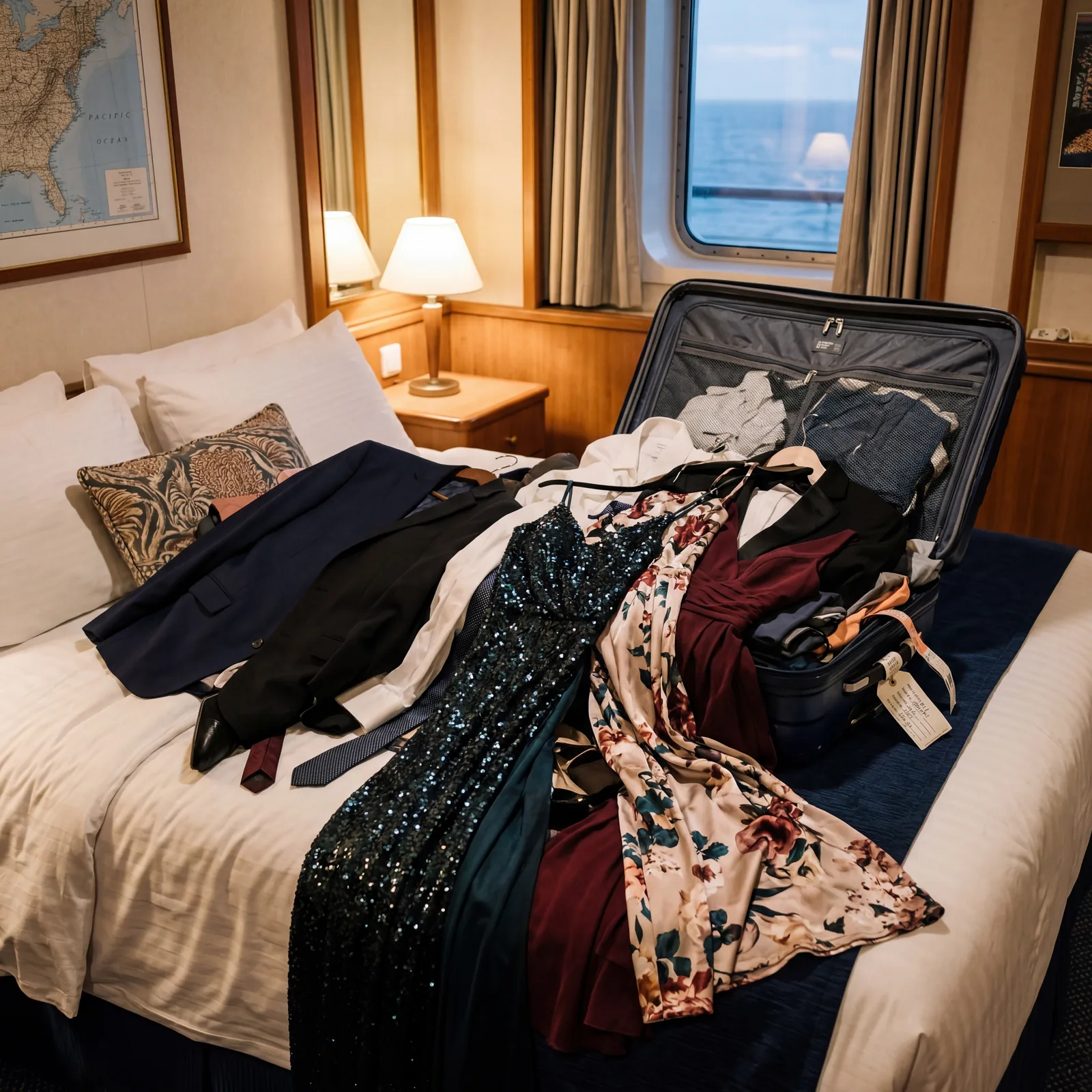 overpacked suitcase spilling formal dresses and blazers onto a cruise ship bed, soft room lighting, realistic travel photography, no text, no watermark, 16:9