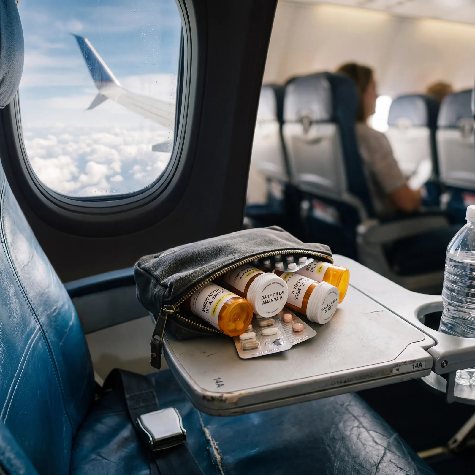 Small zippered travel pouch with labeled medication bottles and blister packs on airplane tray table, photorealistic, editorial travel photography, no text, no watermark, 16:9