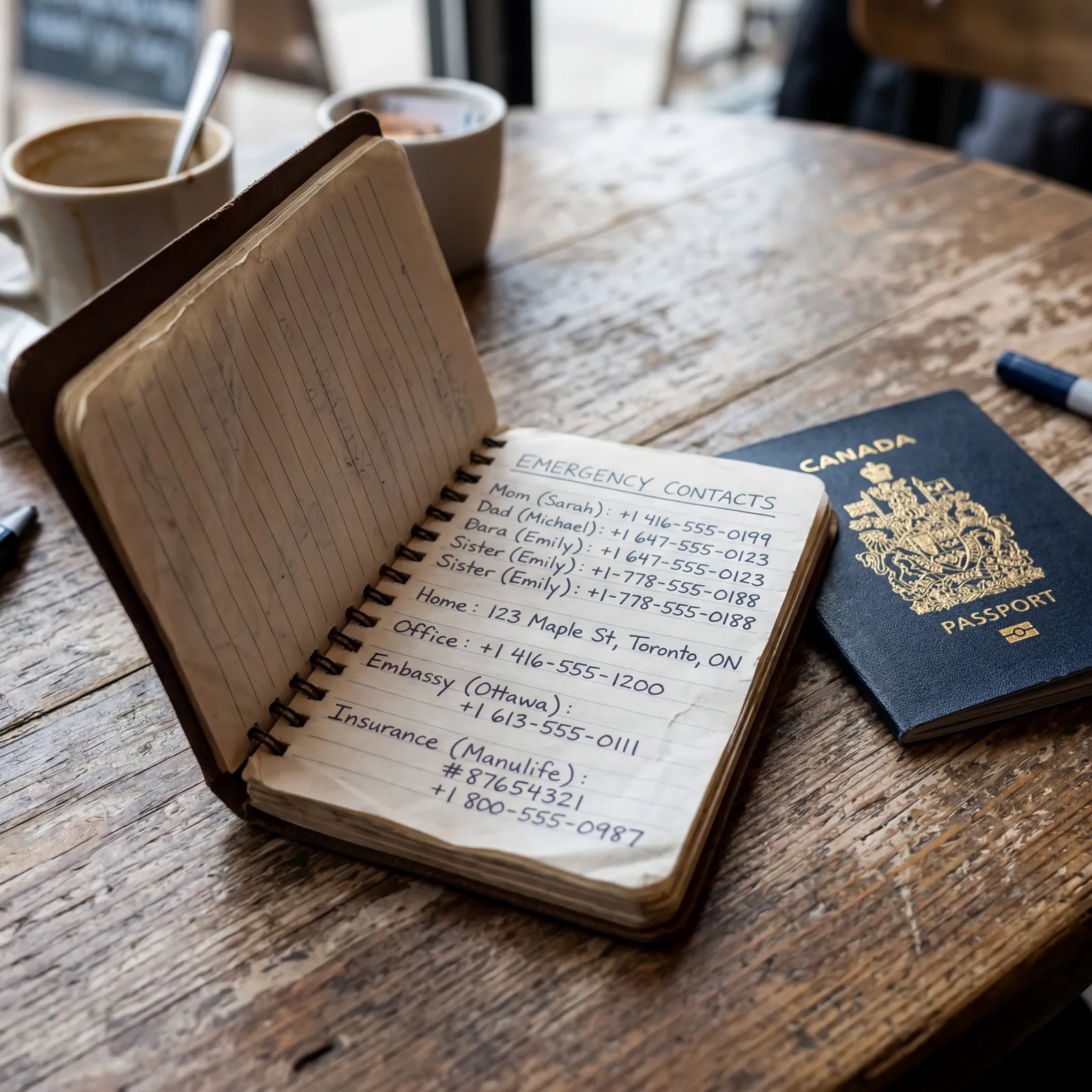 A small handwritten notebook open to a page of emergency contact numbers, beside a passport on a wooden table, photorealistic, no text, no watermark, 16:9