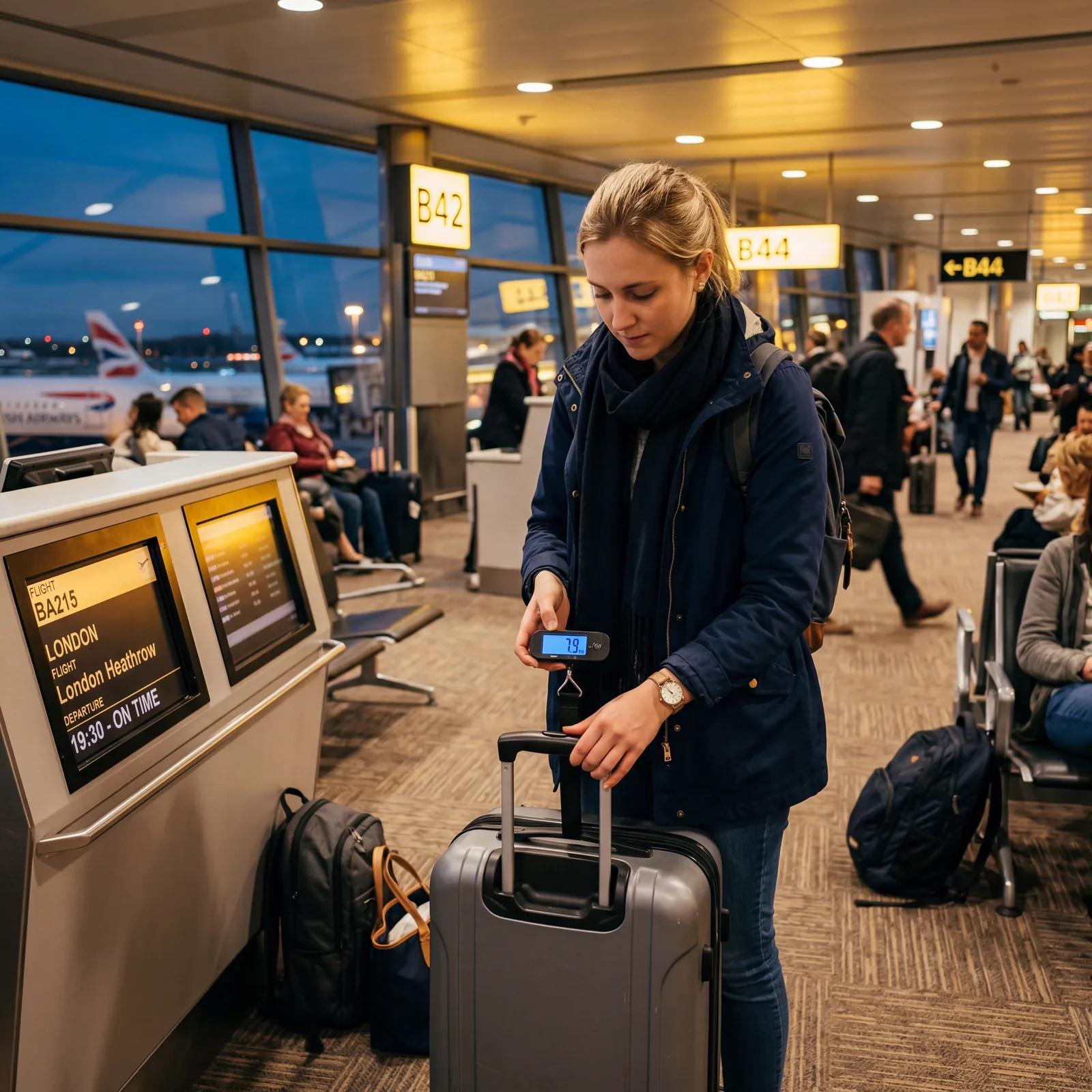 A traveler weighing a carry-on bag with a small digital luggage scale at an airport departure gate, warm lighting, photorealistic, no text, no watermark, 16:9