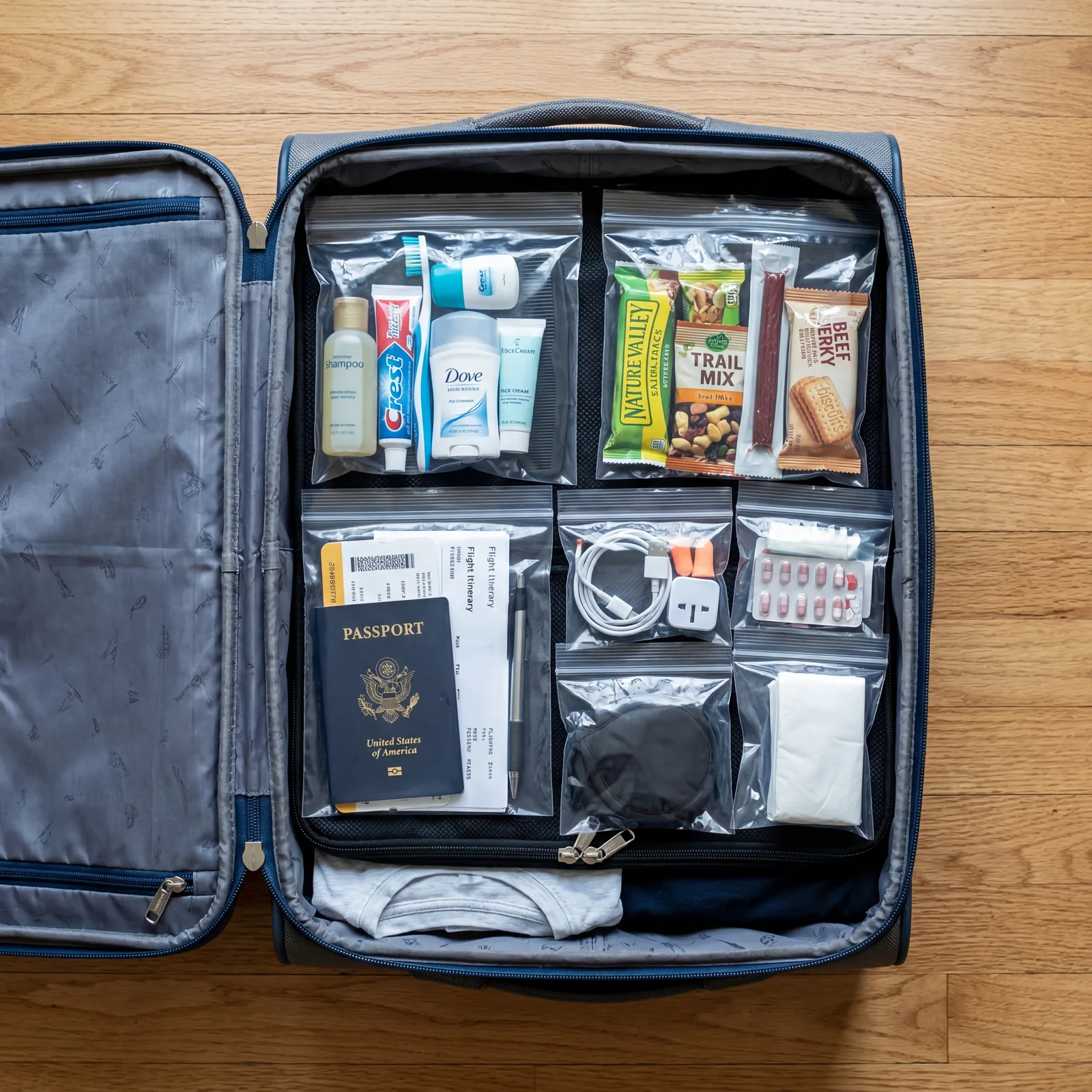 Clear ziplock bags organized inside an open suitcase with toiletries, snacks, and documents, clean flat lay, photorealistic, no text, no watermark, 16:9