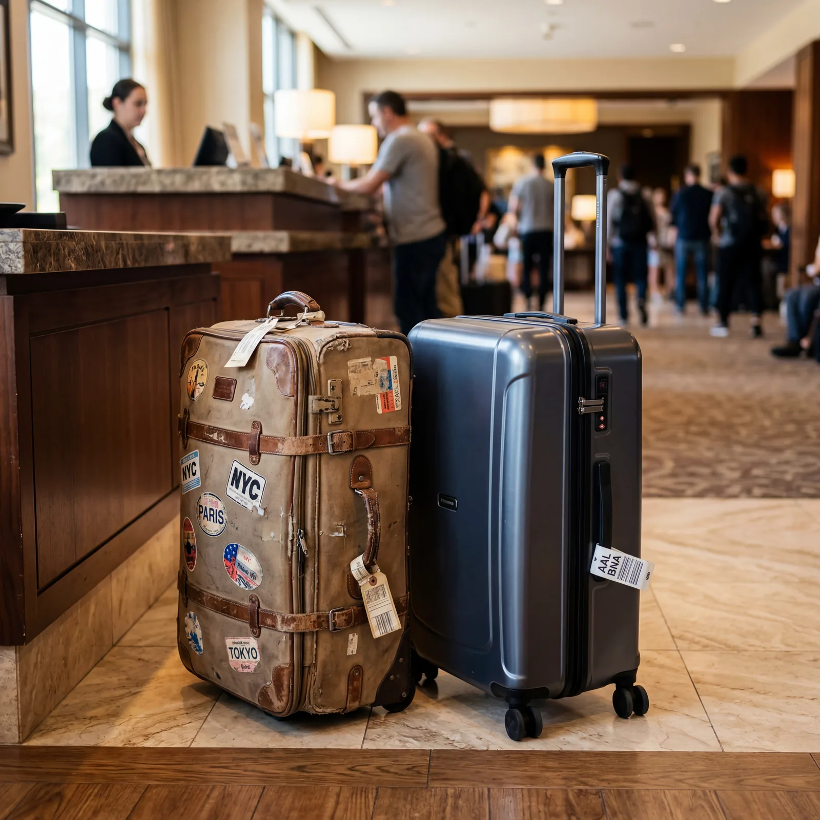 Close-up of luggage at hotel check-in, worn-out vs pristine suitcases side by side, lobby floor, warm editorial travel photography, photorealistic, no text, no watermark, 16:9