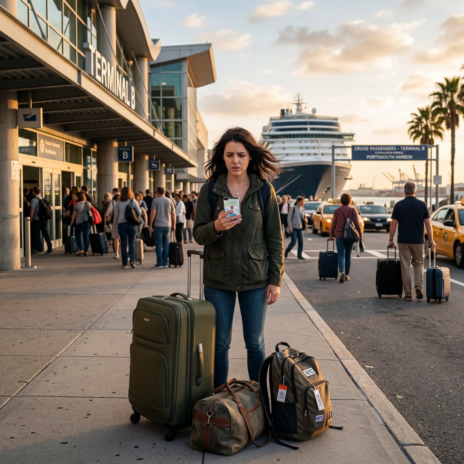 confused traveler with luggage standing outside a wrong cruise terminal, looking at a phone map, realistic travel photography, warm afternoon light, no text, no watermark, 16:9